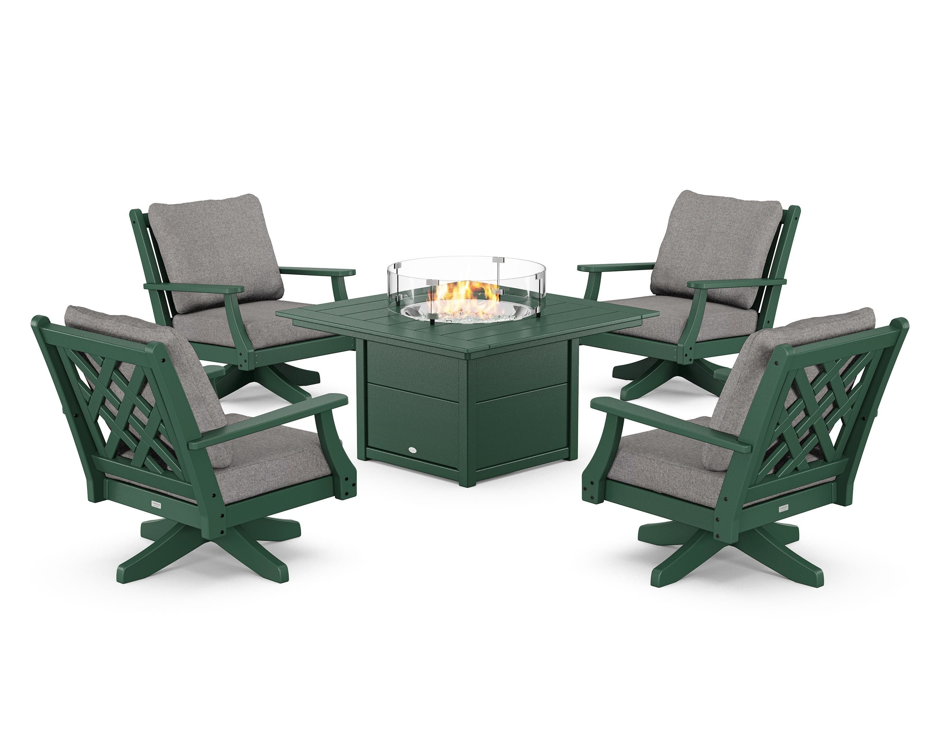 Country Living Wovendale 5-Piece Deep Seating Swivel Conversation Set with Fire Pit Table in Green / Grey Mist