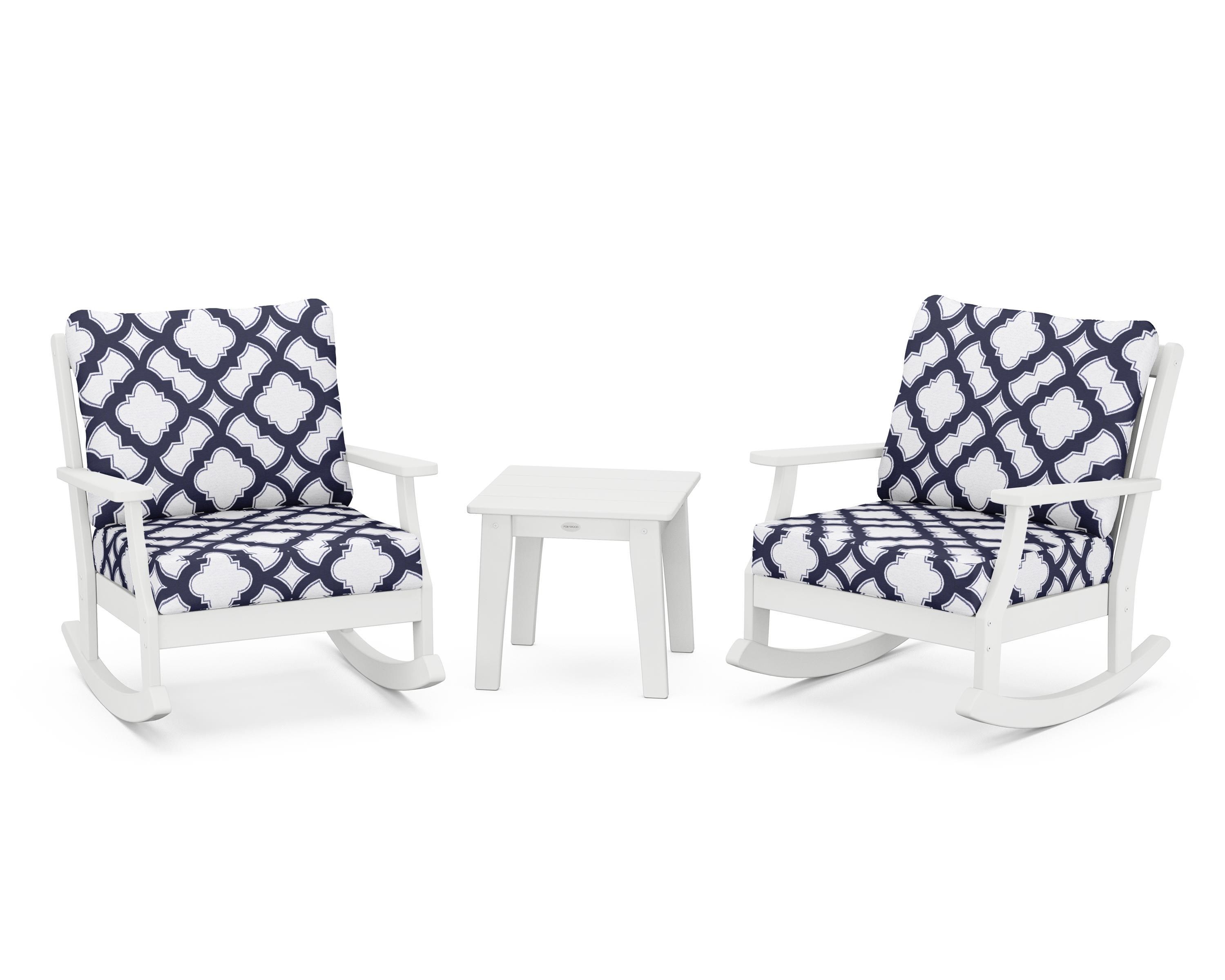 POLYWOOD® Braxton 3-Piece Deep Seating Rocker Set in White / Trellis Navy