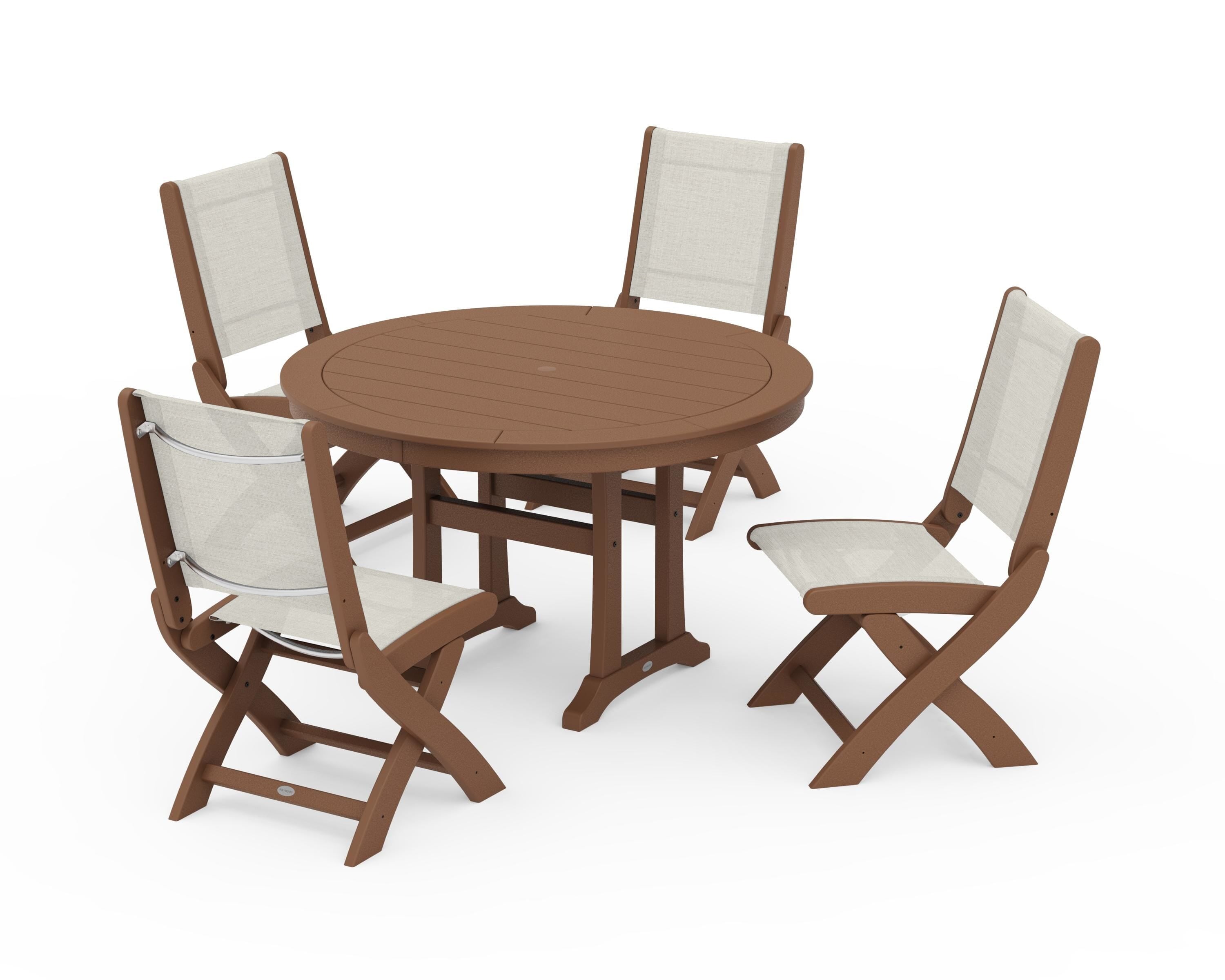 POLYWOOD® Coastal Folding Side Chair 5-Piece Round Dining Set With Trestle Legs in Teak / Parchment Sling