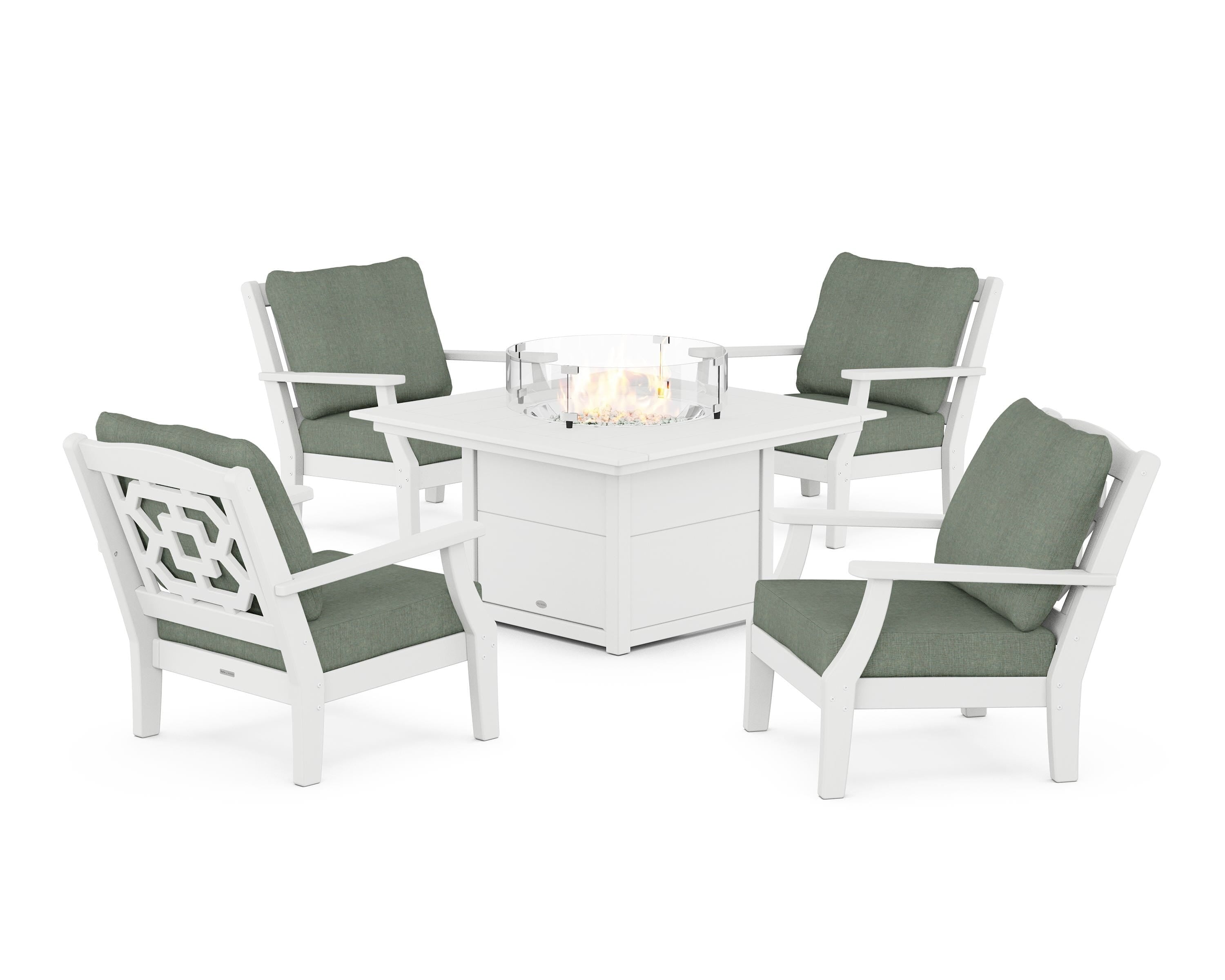 Martha Stewart by POLYWOOD® Chinoiserie 5-Piece Deep Seating Set with Fire Pit Table in White / Cast Sage