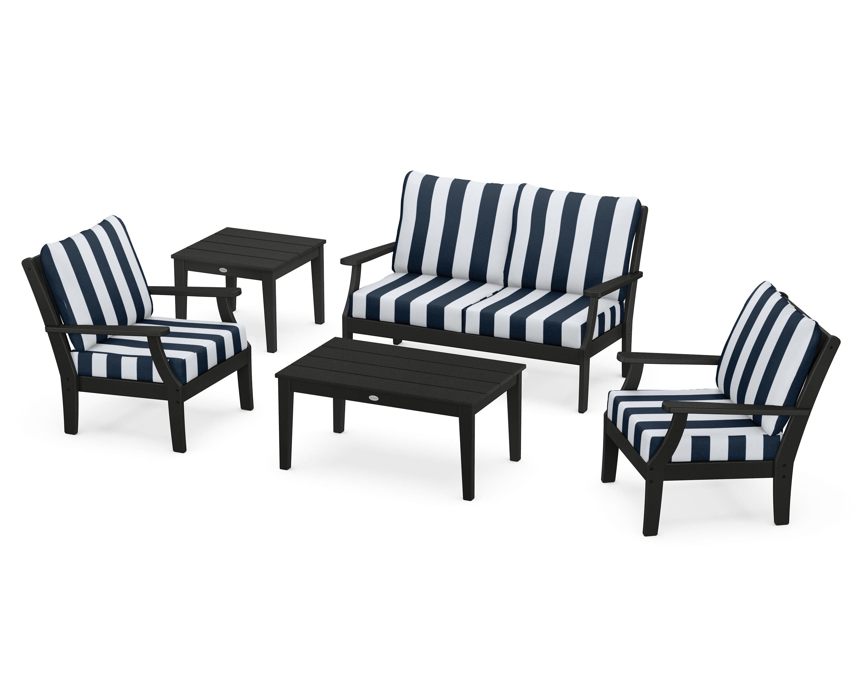 POLYWOOD® Braxton 5-Piece Deep Seating Set in Black / Cabana Stripe Marine Indigo