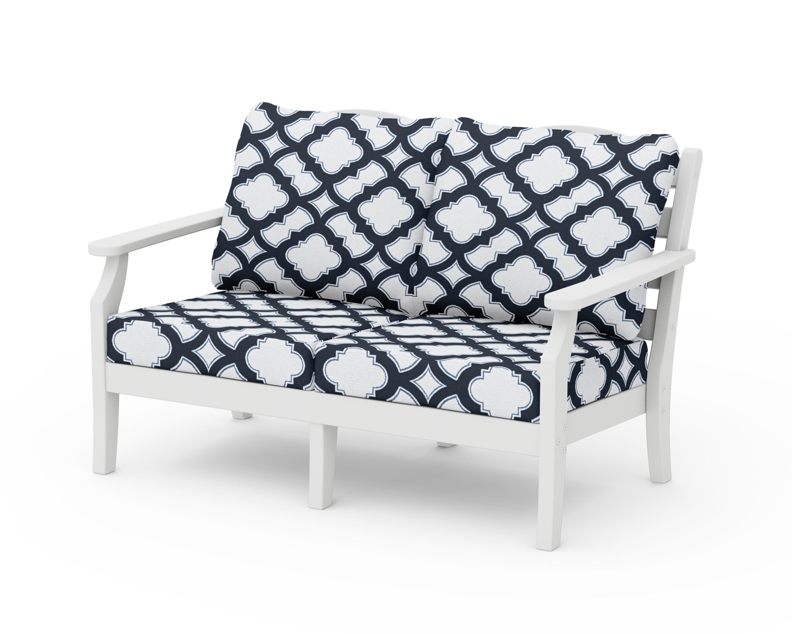 Draper James™ by POLYWOOD® Savannah Deep Seating Loveseat in White / Trellis Marine Indigo