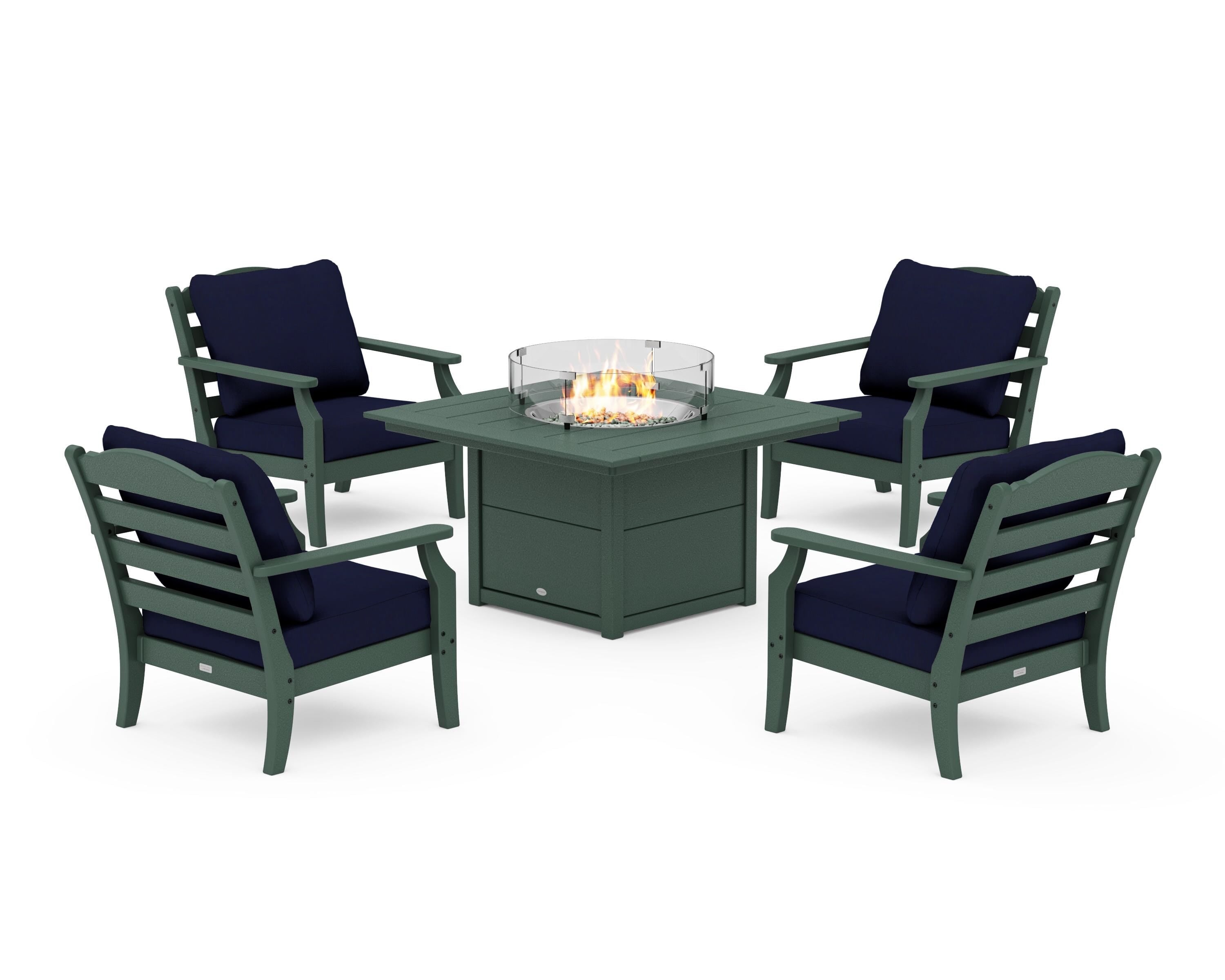 Draper James™ by POLYWOOD® Savannah 5-Piece Deep Seating Set with Fire Pit Table in Green / Navy