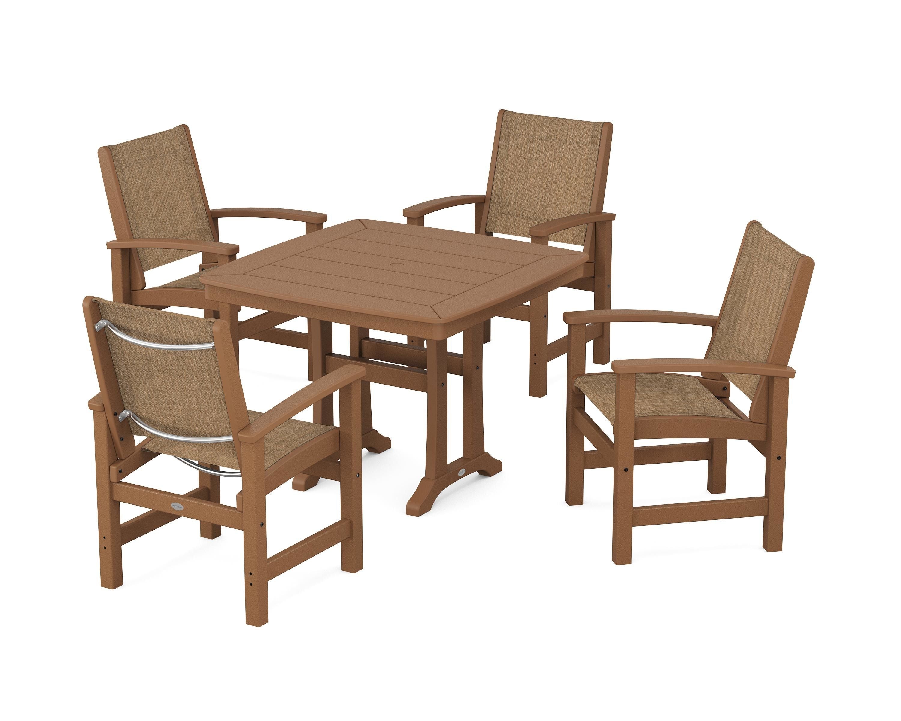 POLYWOOD® Coastal 5-Piece Dining Set with Trestle Legs in Teak / Burlap Sling