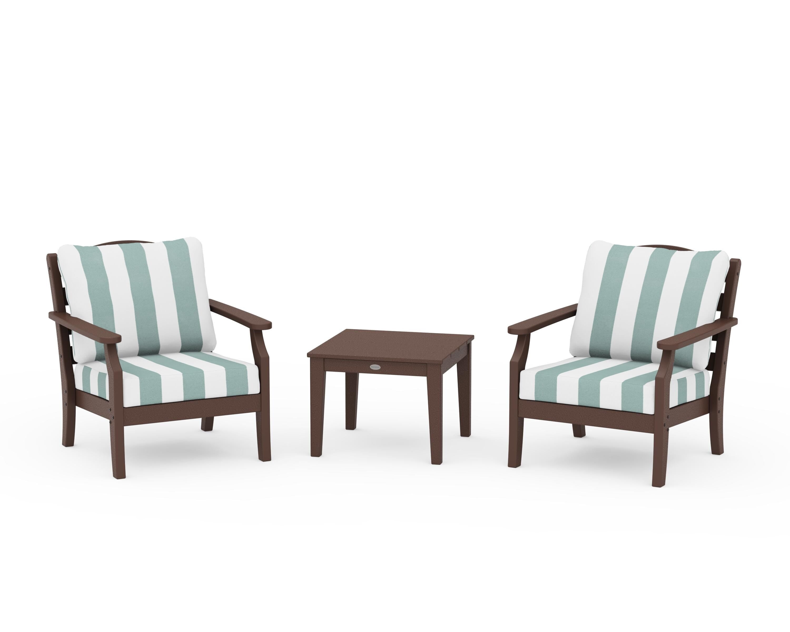 Draper James™ by POLYWOOD® Savannah 3-Piece Deep Seating Set in Mahogany / Cabana Stripe Glacier Spa