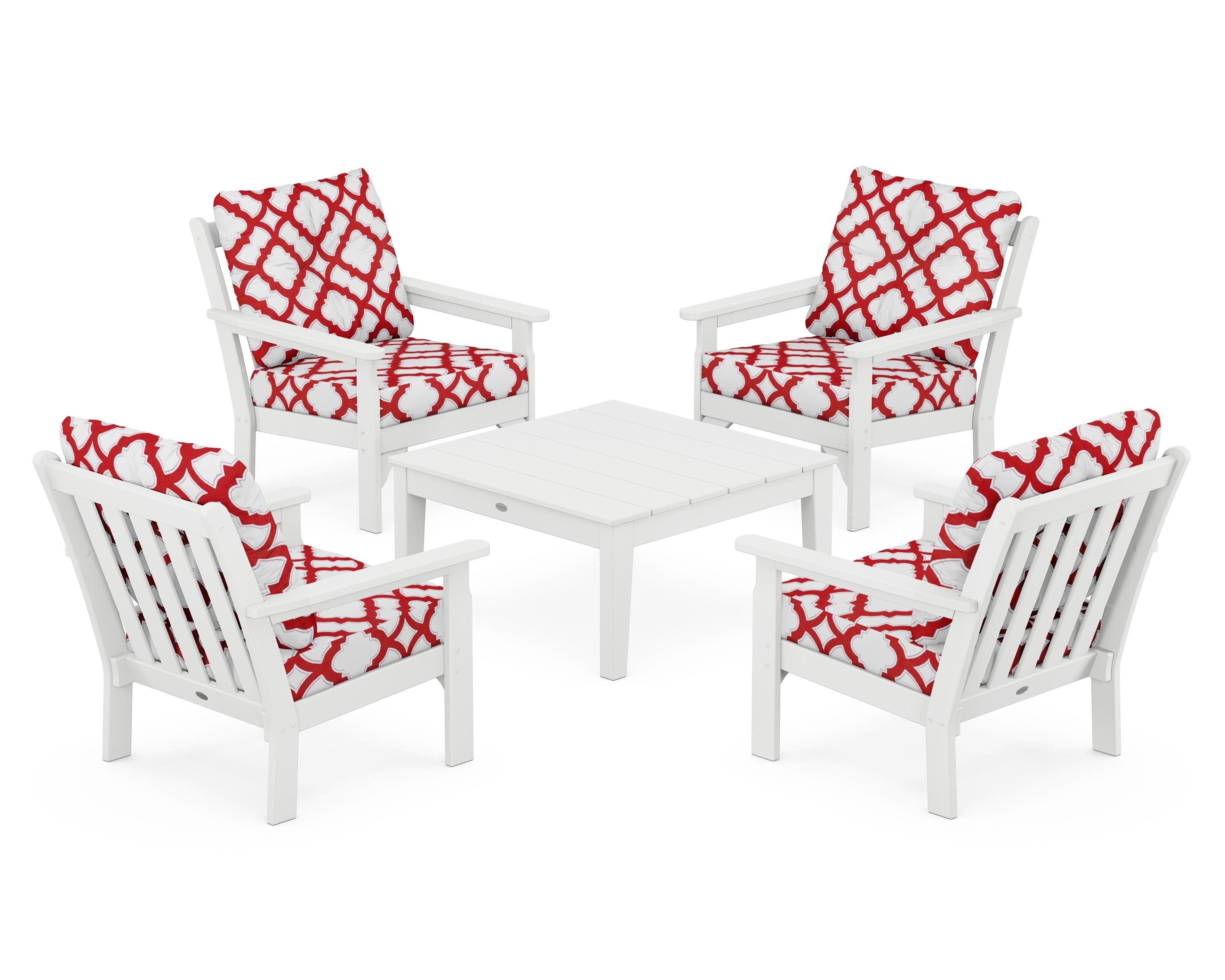 POLYWOOD® Vineyard 5-Piece Deep Seating Conversation Set in White / Trellis Crimson