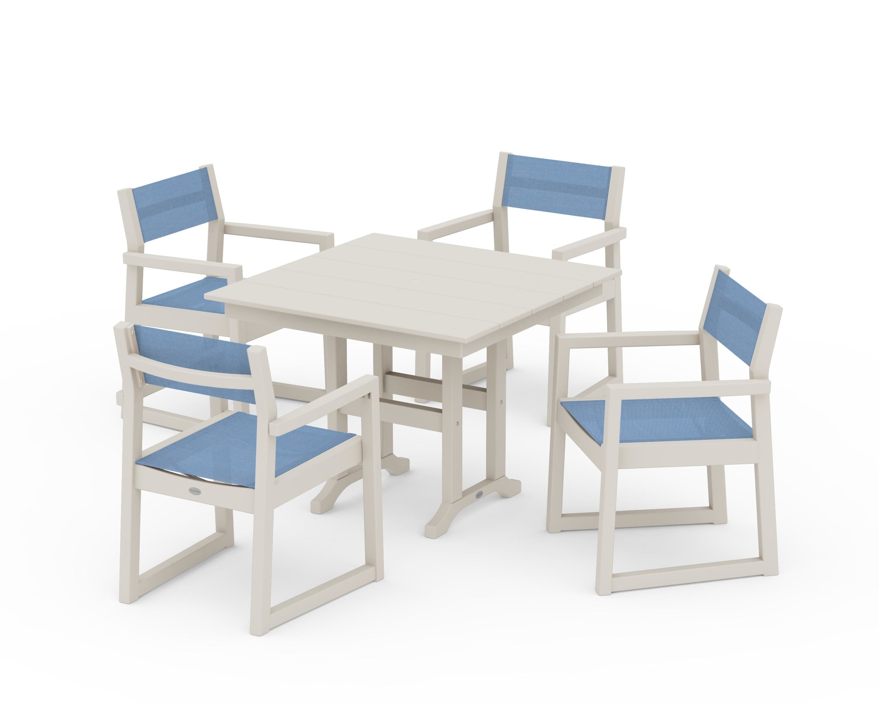 POLYWOOD® EDGE Sling Arm Chair 5-Piece Farmhouse Dining Set in Sand / Poolside Sling