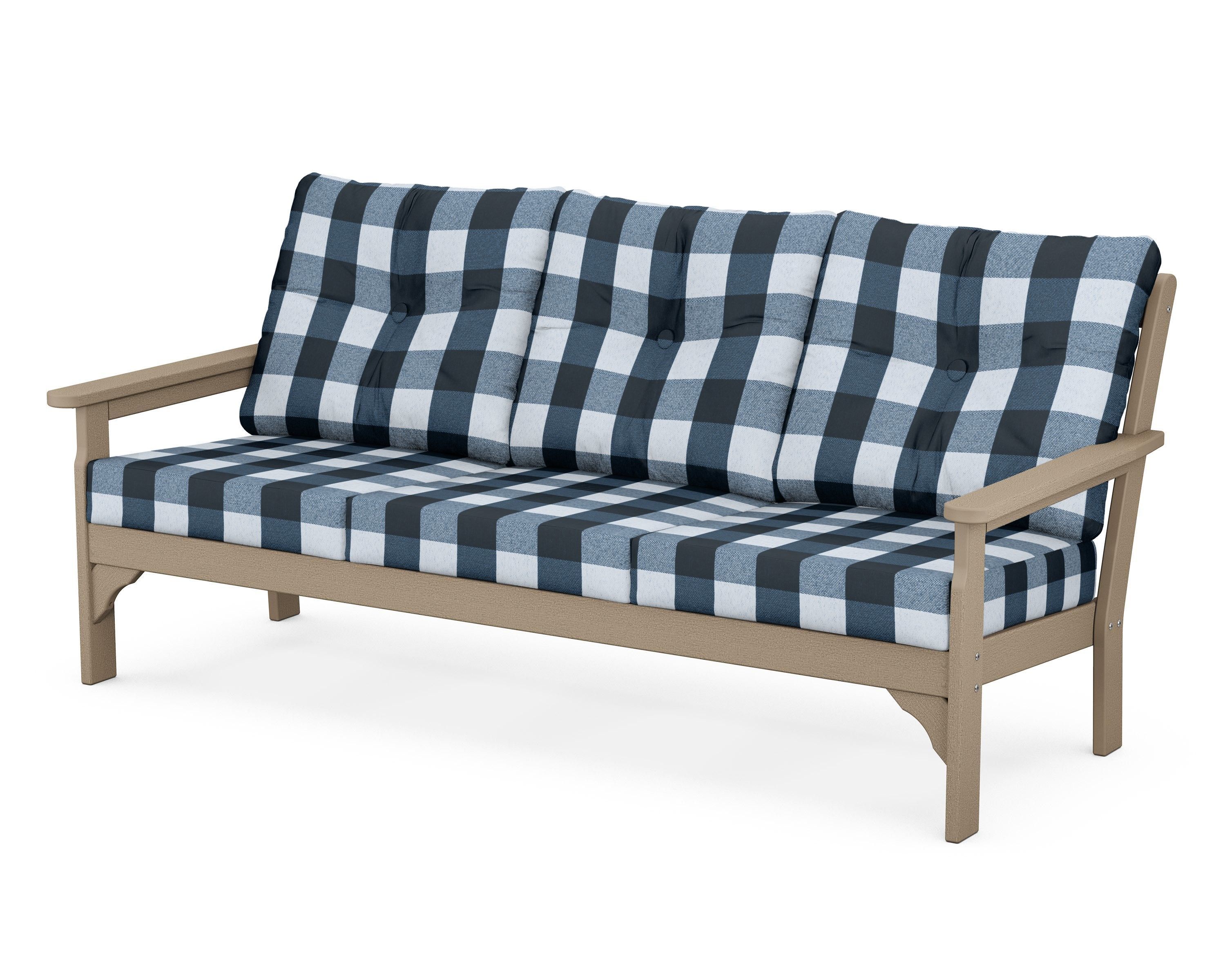 POLYWOOD® Vineyard Deep Seating Sofa in Vintage Sahara / Buffalo Plaid Marine Indigo