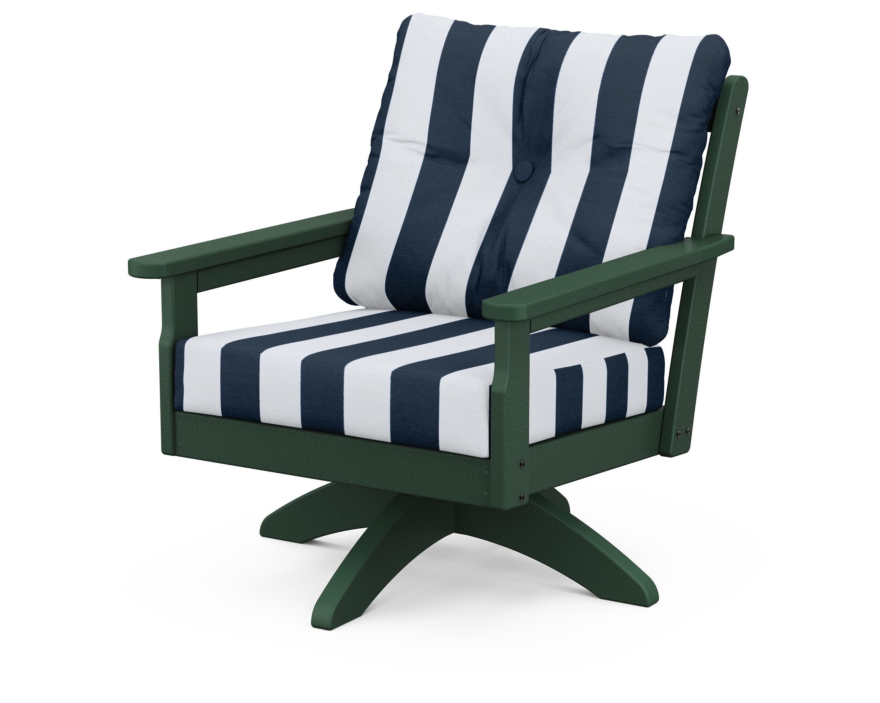POLYWOOD® Vineyard Deep Seating Swivel Chair in Green / Cabana Stripe Marine Indigo