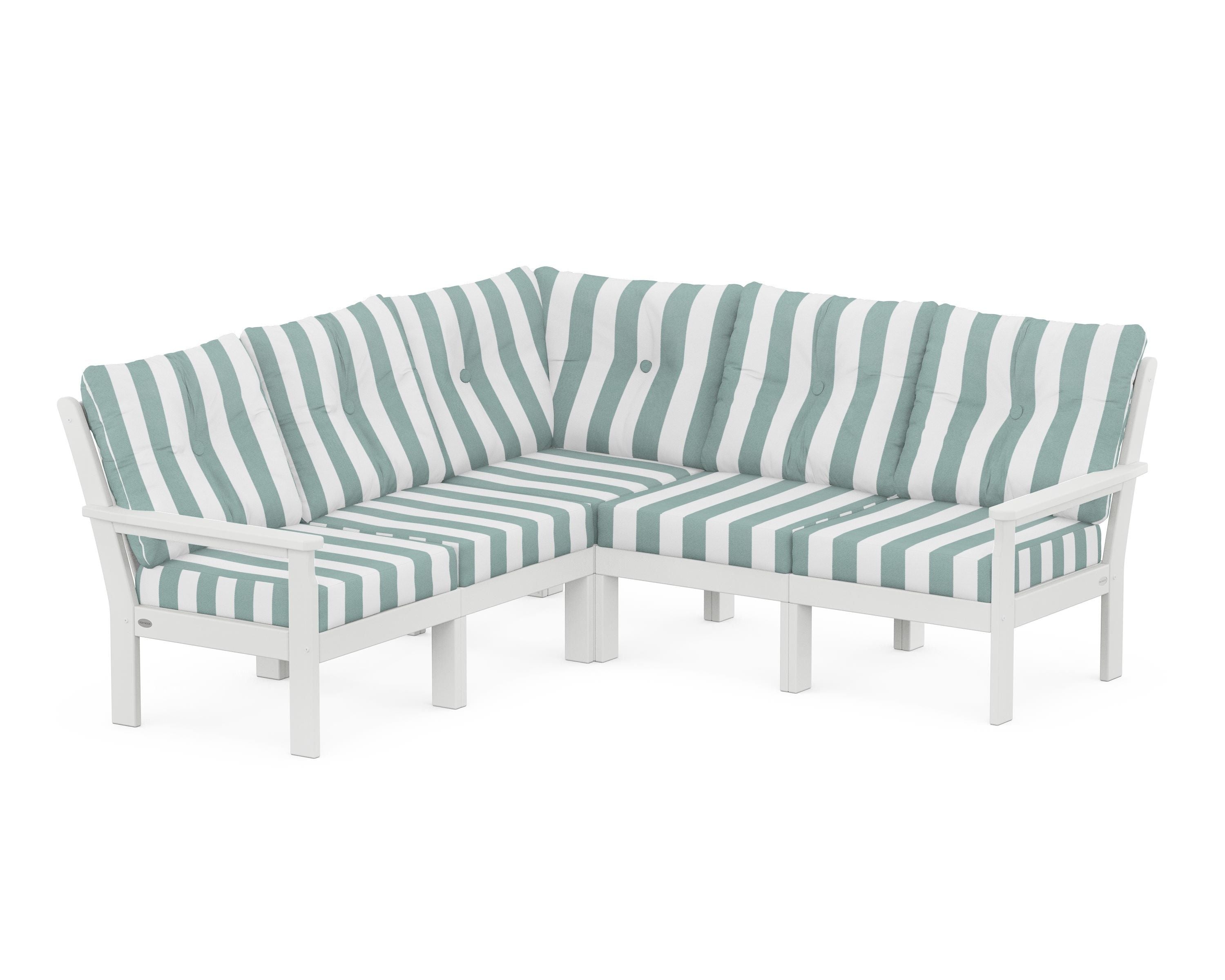 POLYWOOD® Vineyard 5-Piece Sectional in White / Cabana Stripe Glacier Spa