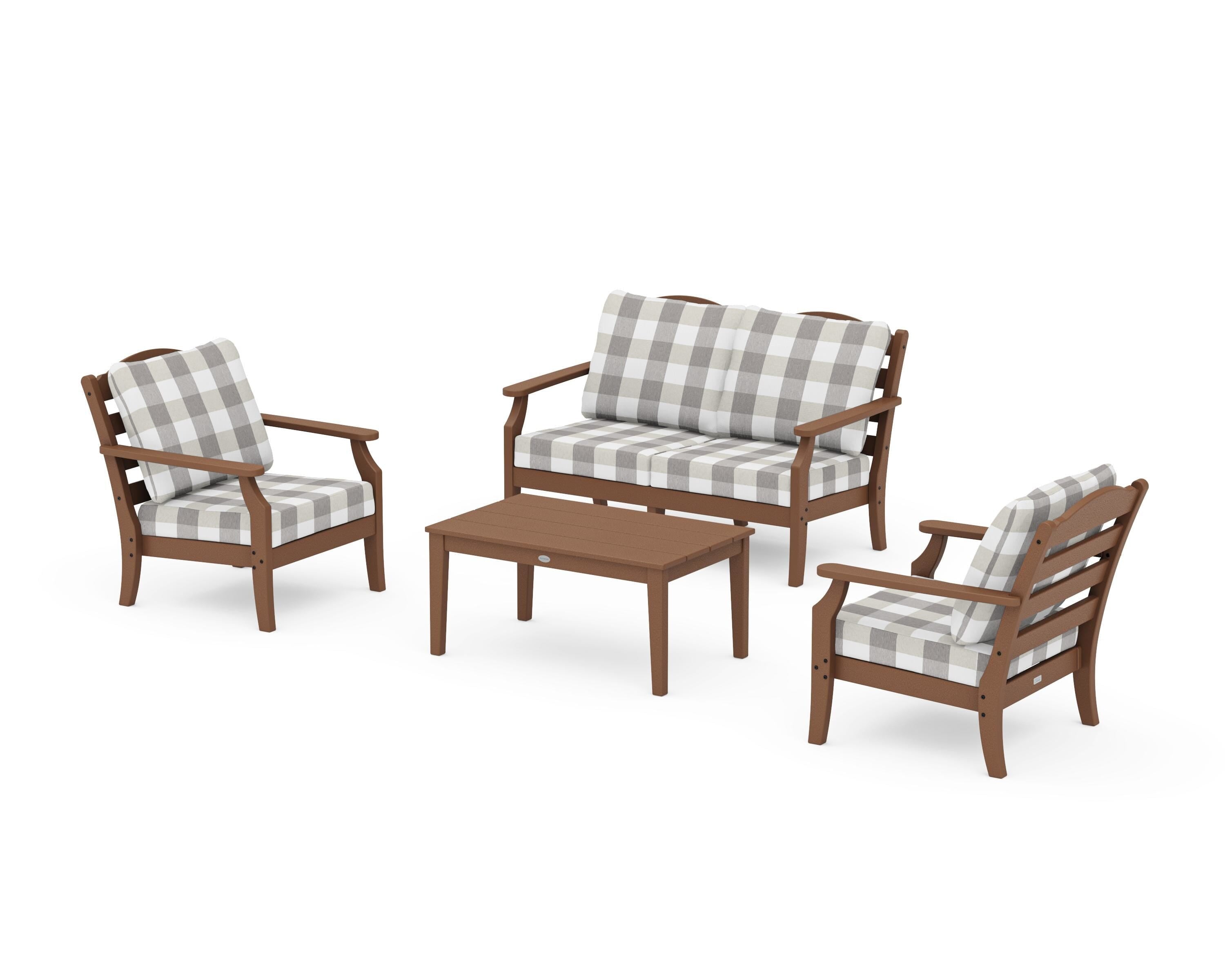 Draper James™ by POLYWOOD® Savannah 4-Piece Deep Seating Set with Loveseat in Teak / Buffalo Plaid Grey Mist