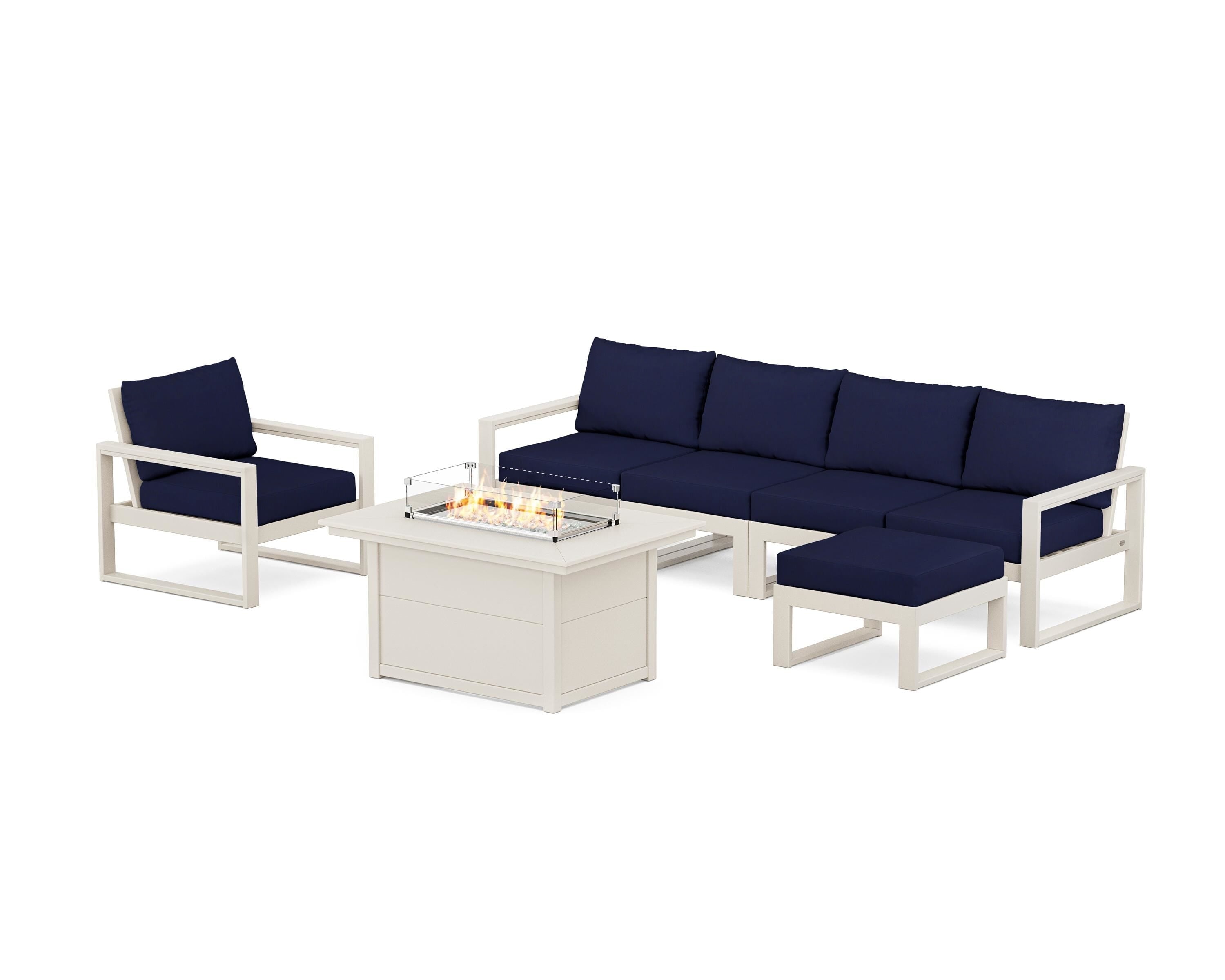 POLYWOOD® EDGE Sectional Lounge and Fire Pit Set in Sand / Navy