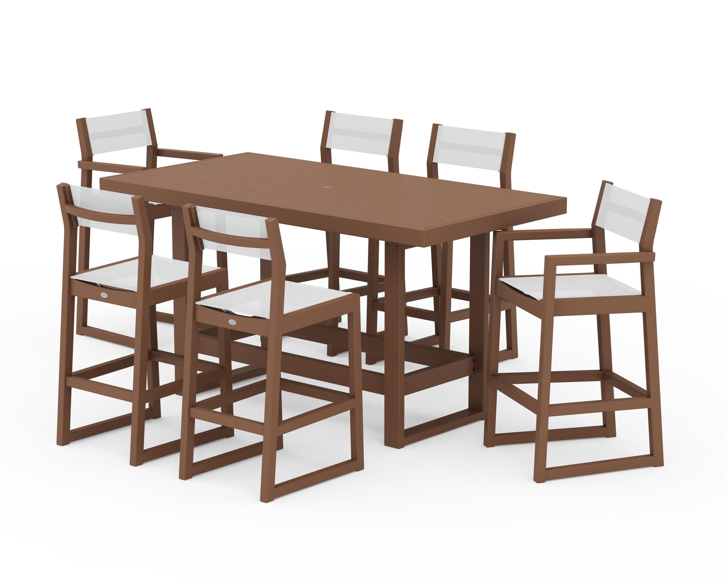 POLYWOOD® EDGE Sling 7-Piece Bar Table Set in Teak / White Sling