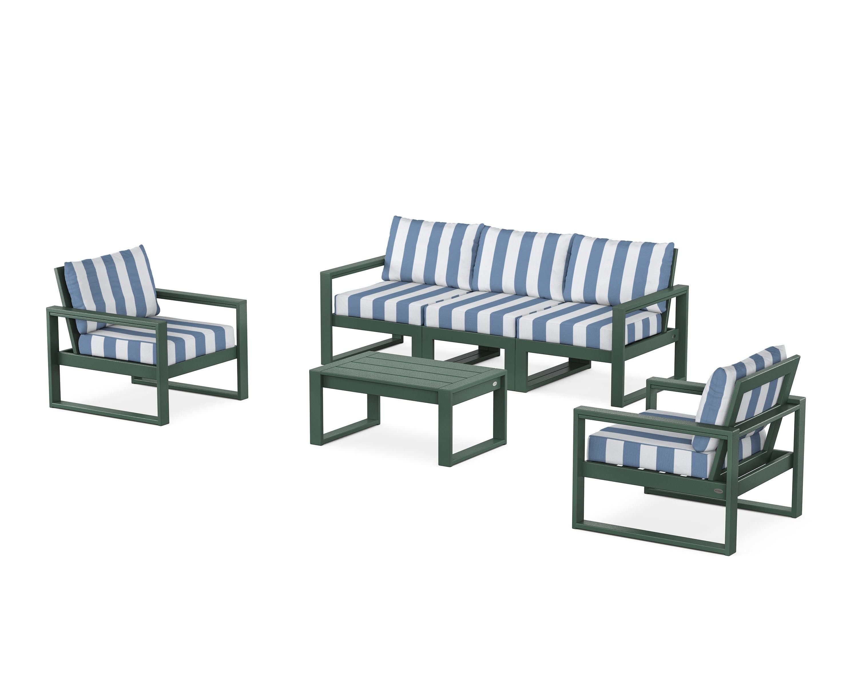 POLYWOOD® EDGE Sectional 4-Piece Deep Seating Set with Sofa in Green / Cabana Stripe Sky Blue