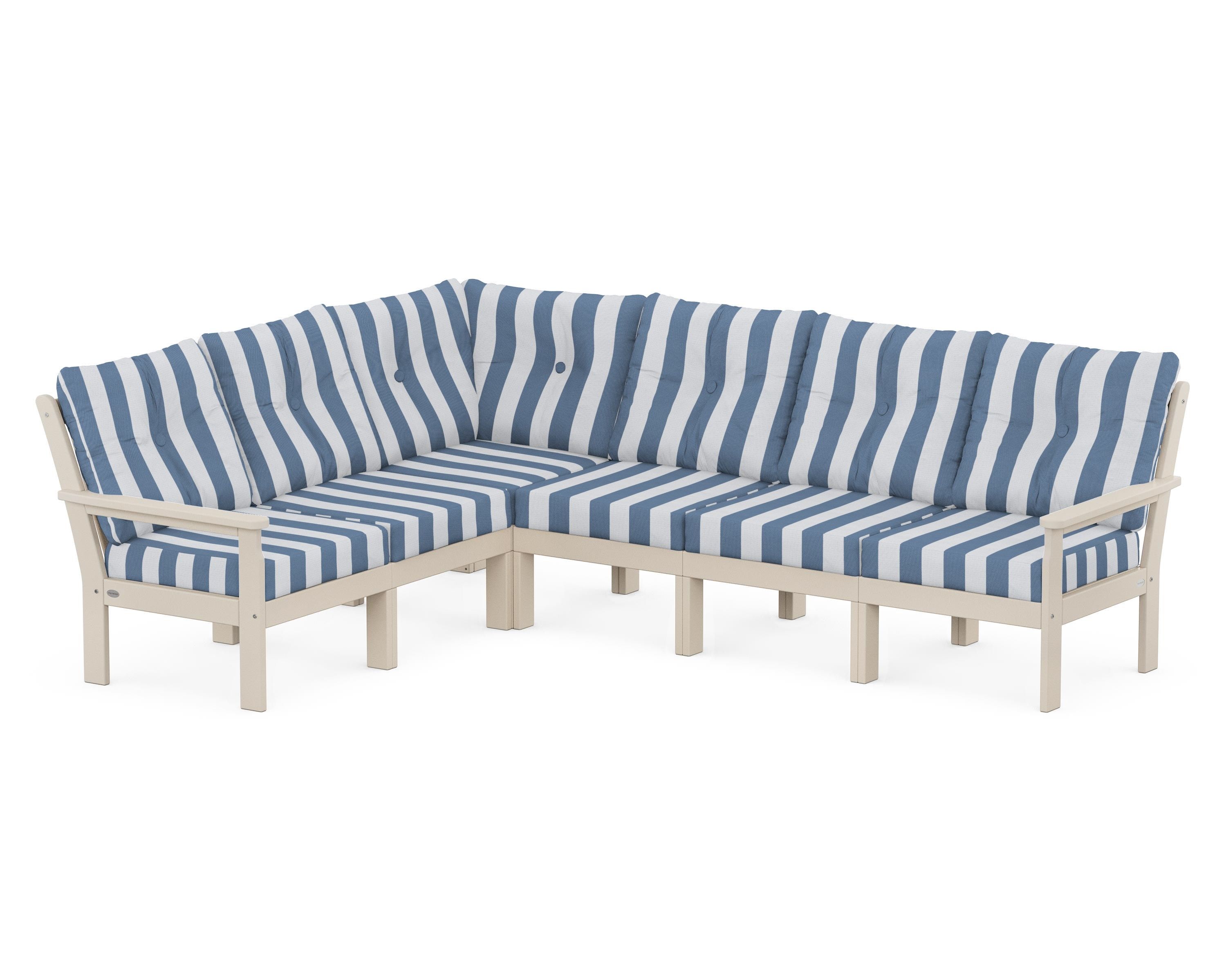 POLYWOOD® Vineyard 6-Piece Sectional in Sand / Cabana Stripe Sky Blue