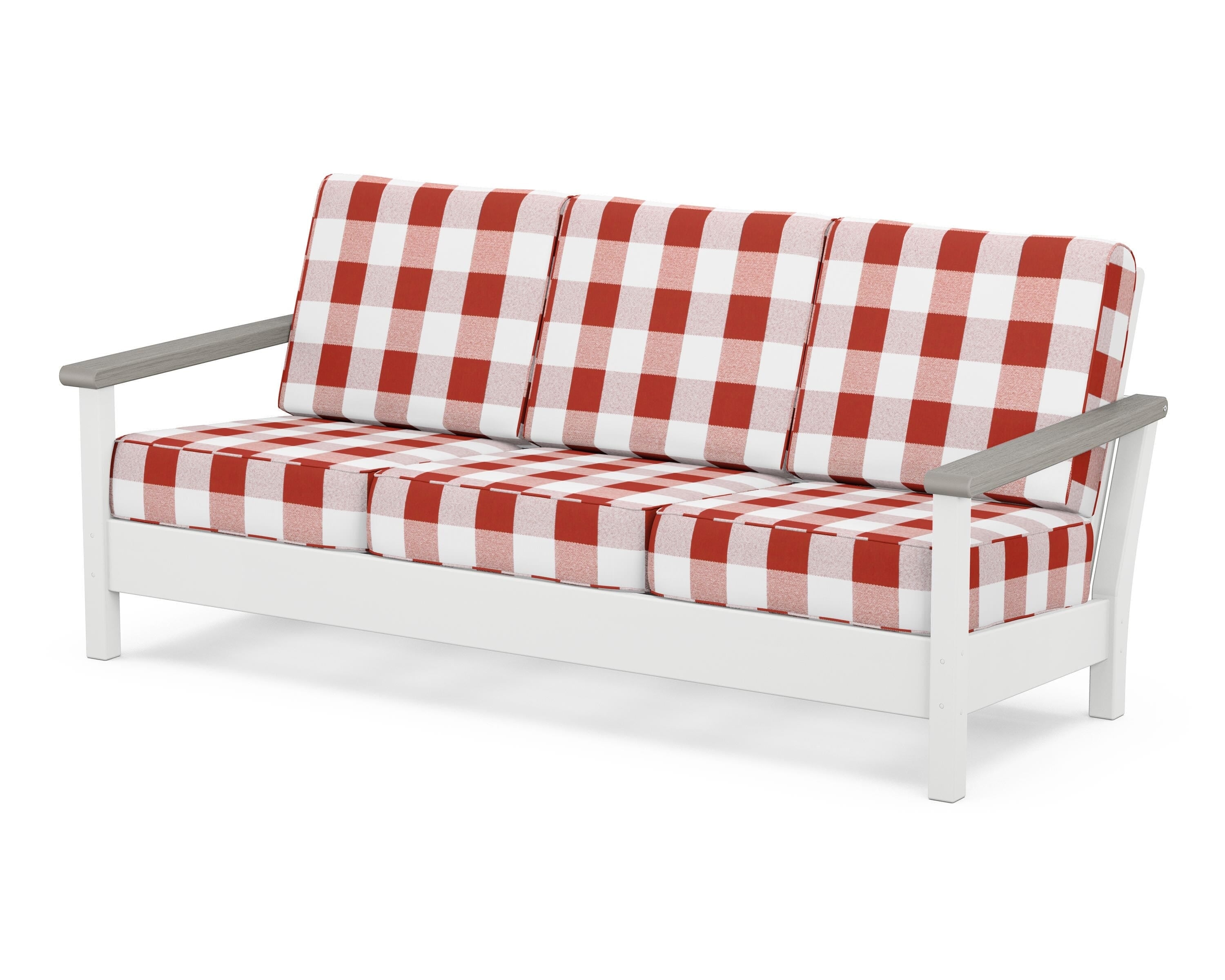 POLYWOOD® Harbour Deep Seating Sofa in White / Driftwood / Buffalo Plaid Crimson