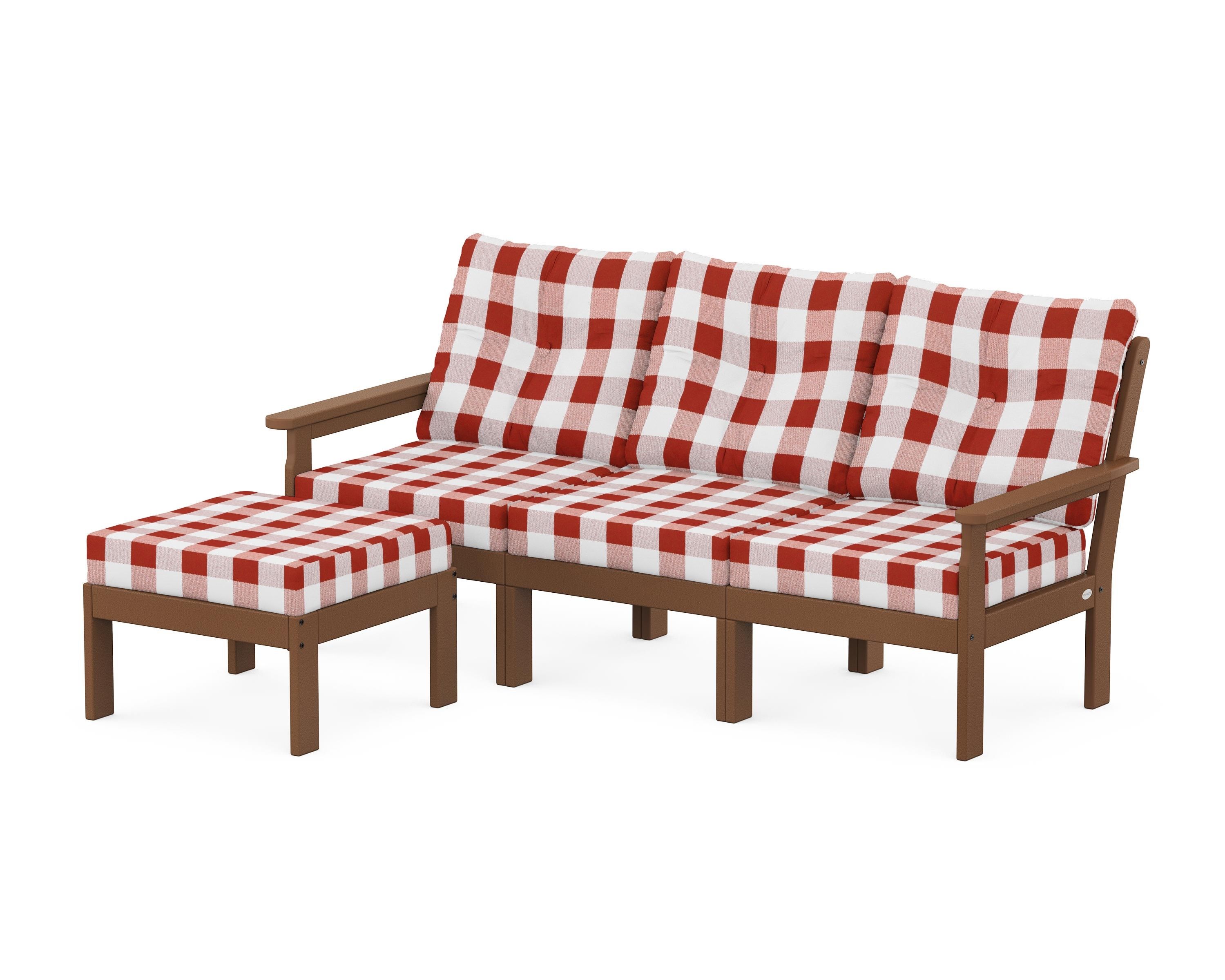 POLYWOOD® Vineyard 4-Piece Sectional with Ottoman in Teak / Buffalo Plaid Crimson