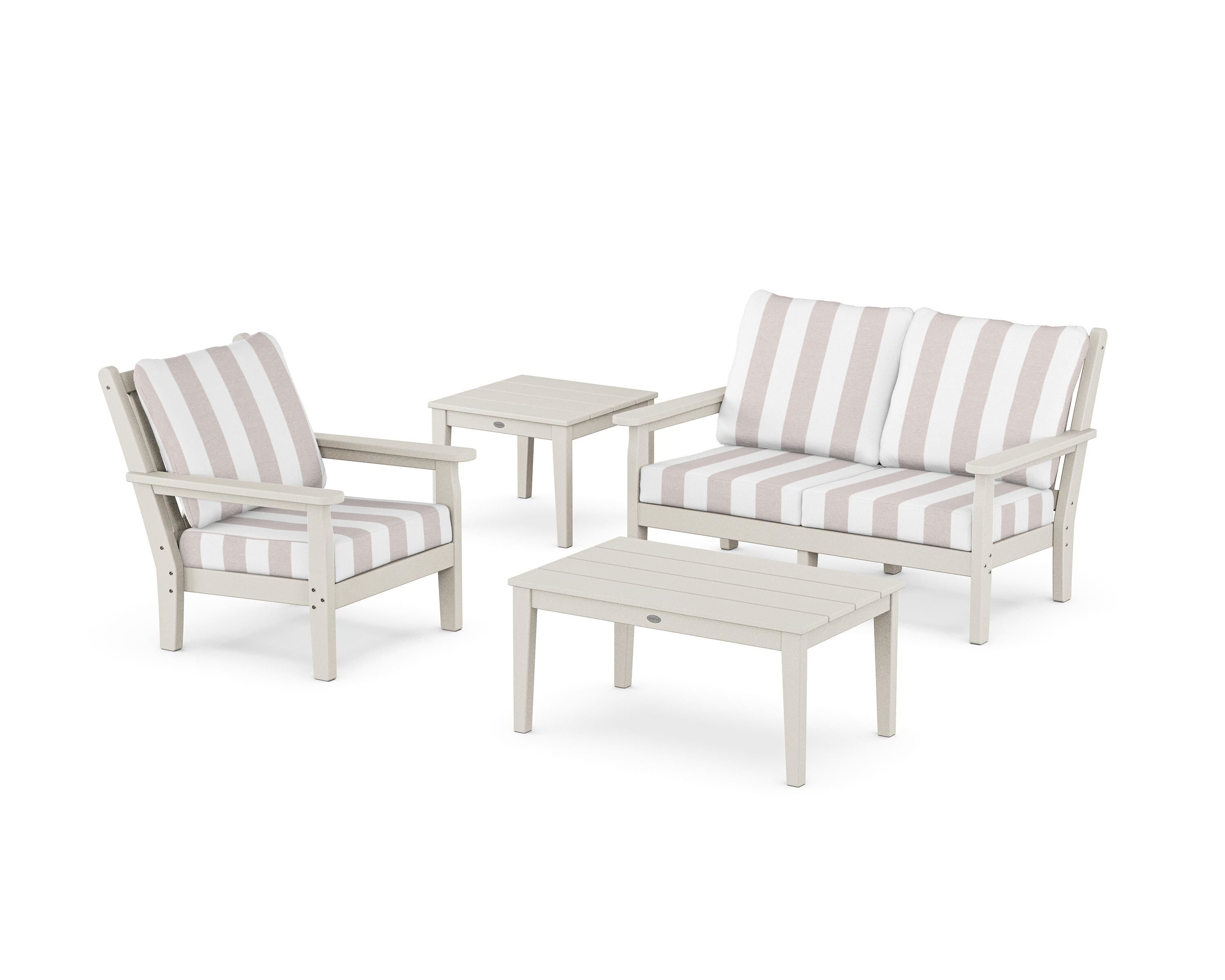 POLYWOOD® Chippendale 4-Piece Deep Seating Set in Sand / Cabana Stripe Dune Burlap