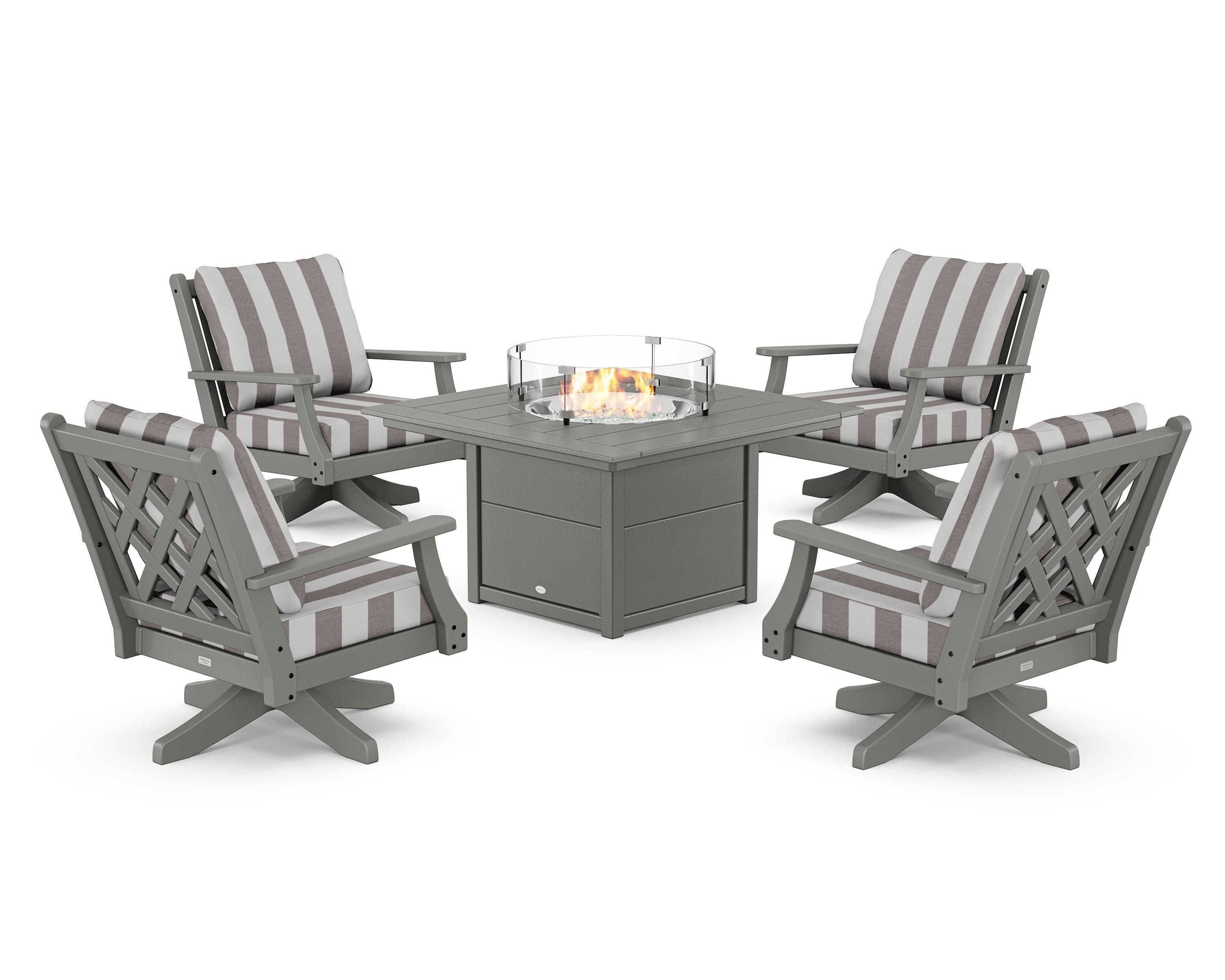 Country Living Wovendale 5-Piece Deep Seating Swivel Conversation Set with Fire Pit Table in Slate Grey / Cabana Stripe Grey Mist