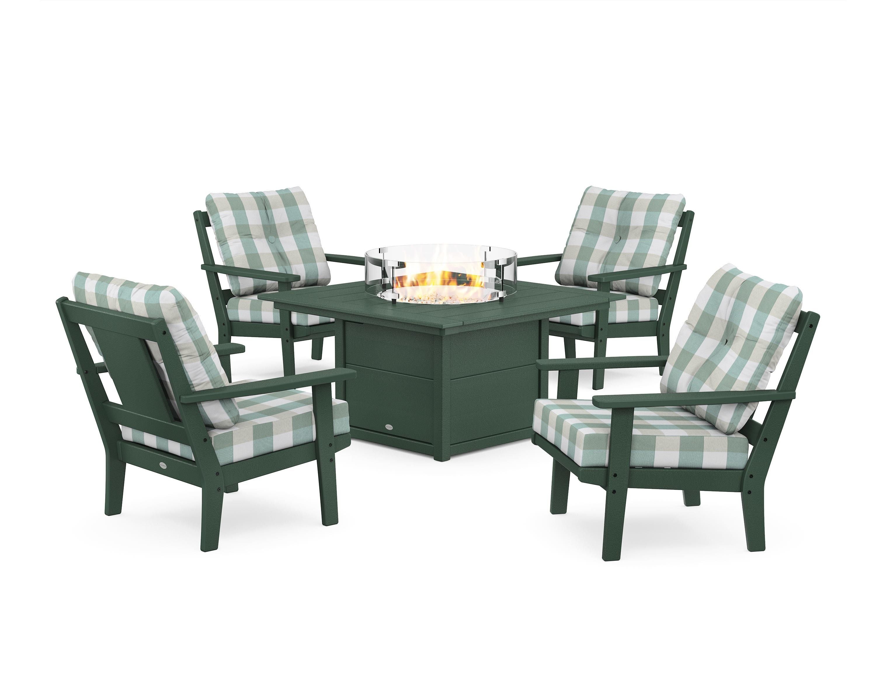 POLYWOOD® Prairie 5-Piece Deep Seating Set with Fire Pit Table in Green / Buffalo Plaid Glacier Spa
