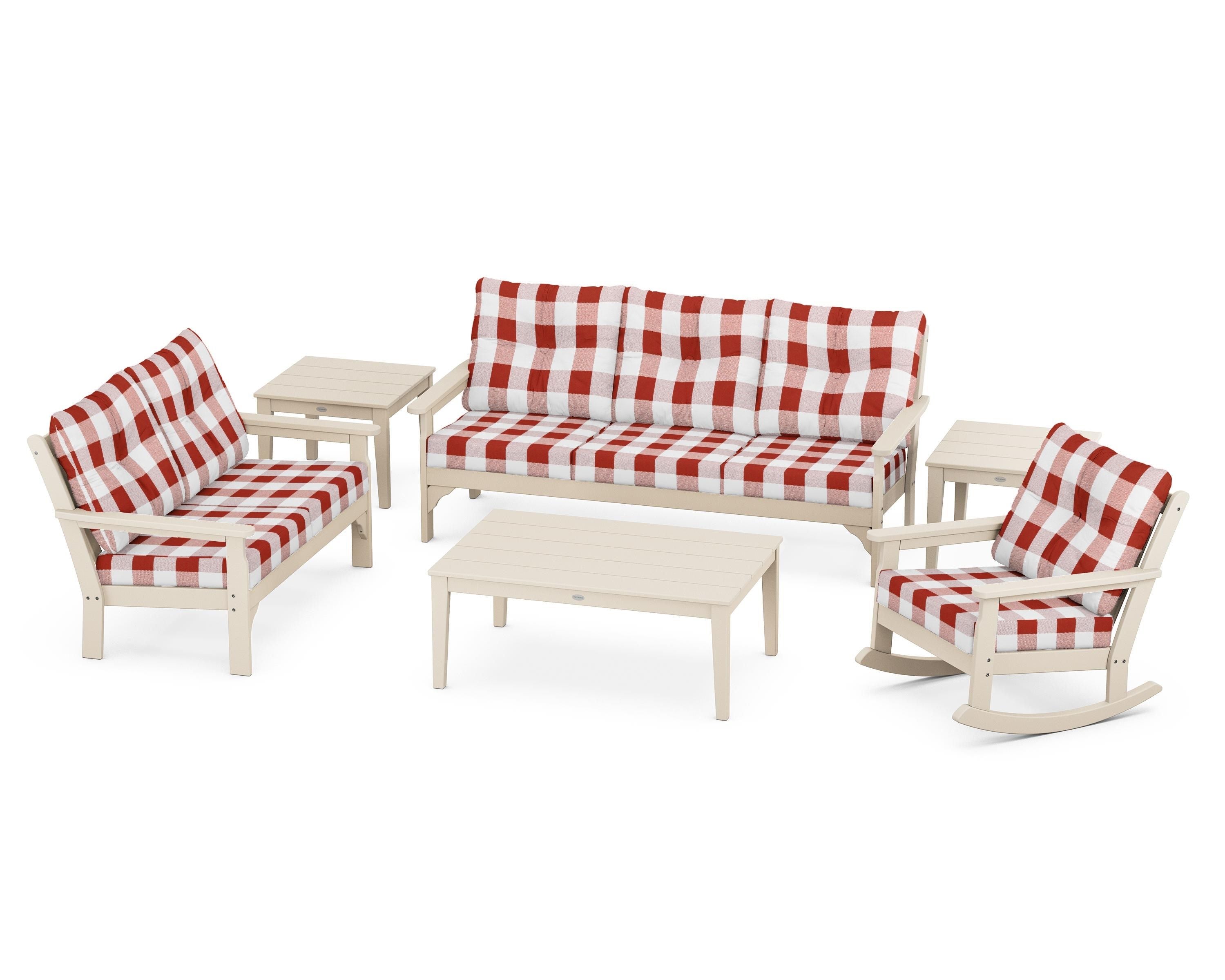 POLYWOOD® Vineyard 6-Piece Deep Seating Set in Sand / Buffalo Plaid Crimson