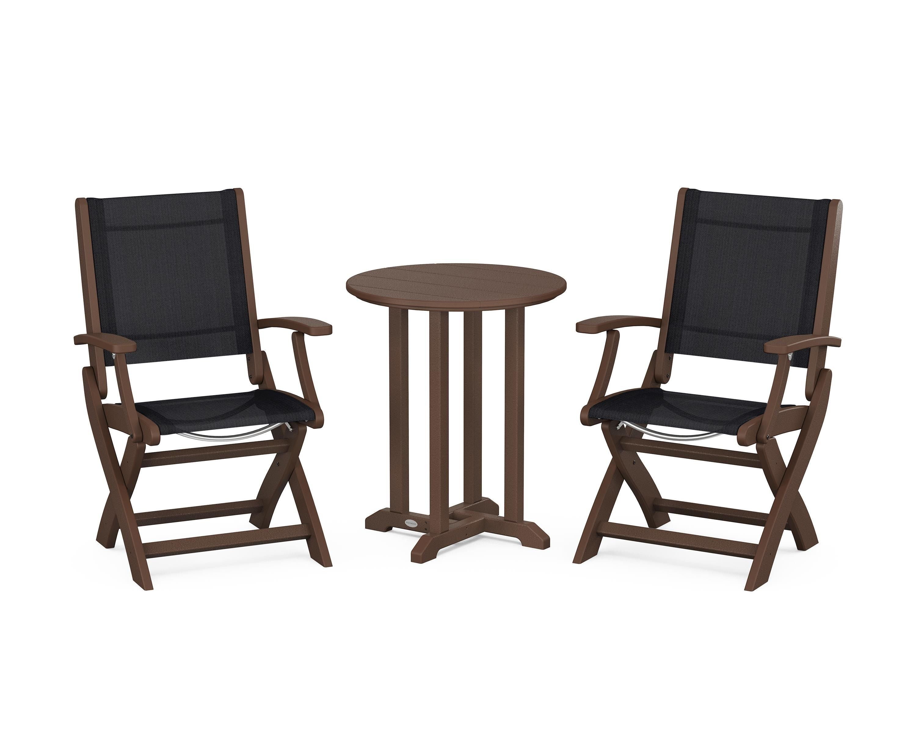 POLYWOOD® Coastal Folding 3-Piece Round Bistro Dining Set in Mahogany / Black Sling