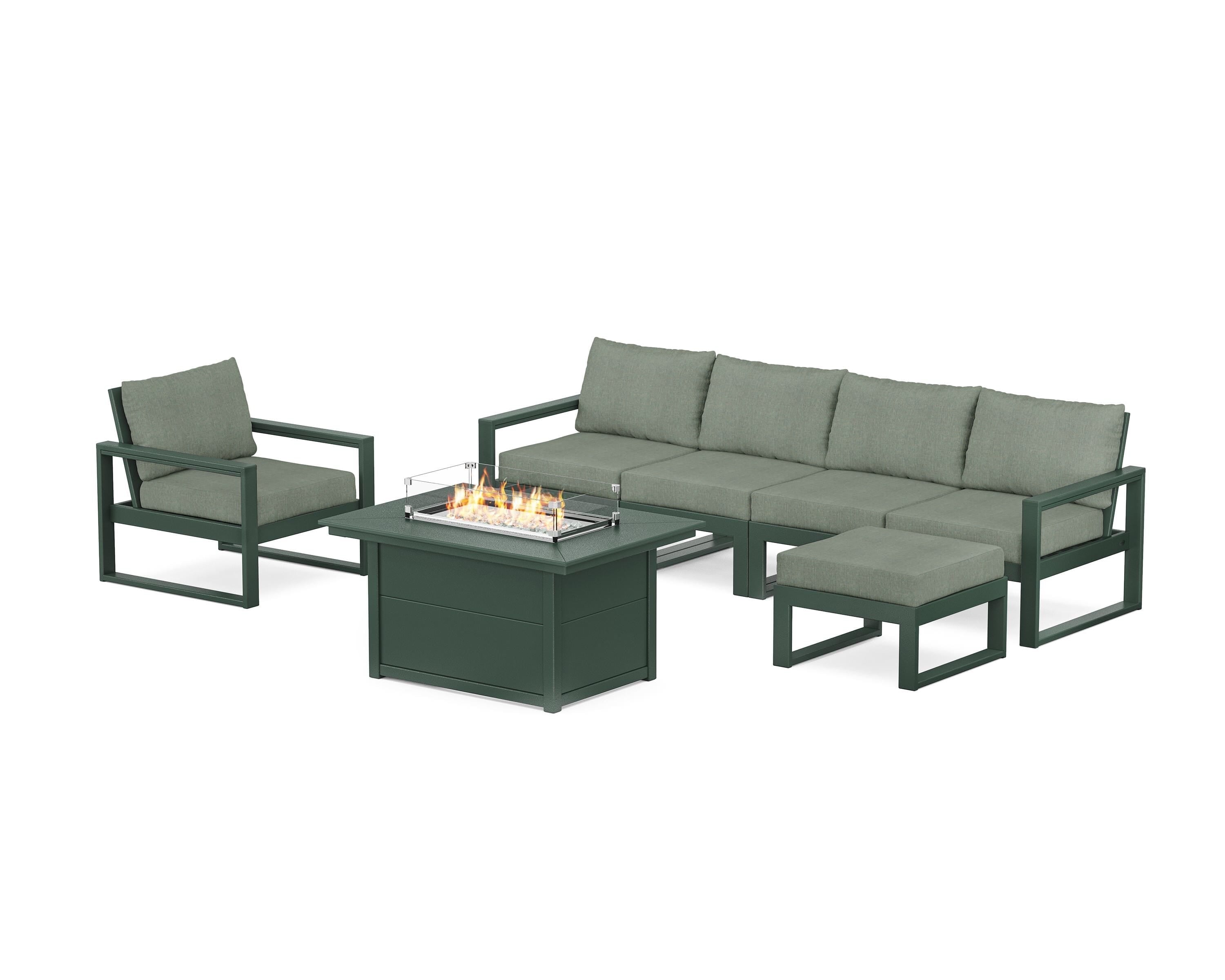 POLYWOOD® EDGE Sectional Lounge and Fire Pit Set in Green / Cast Sage