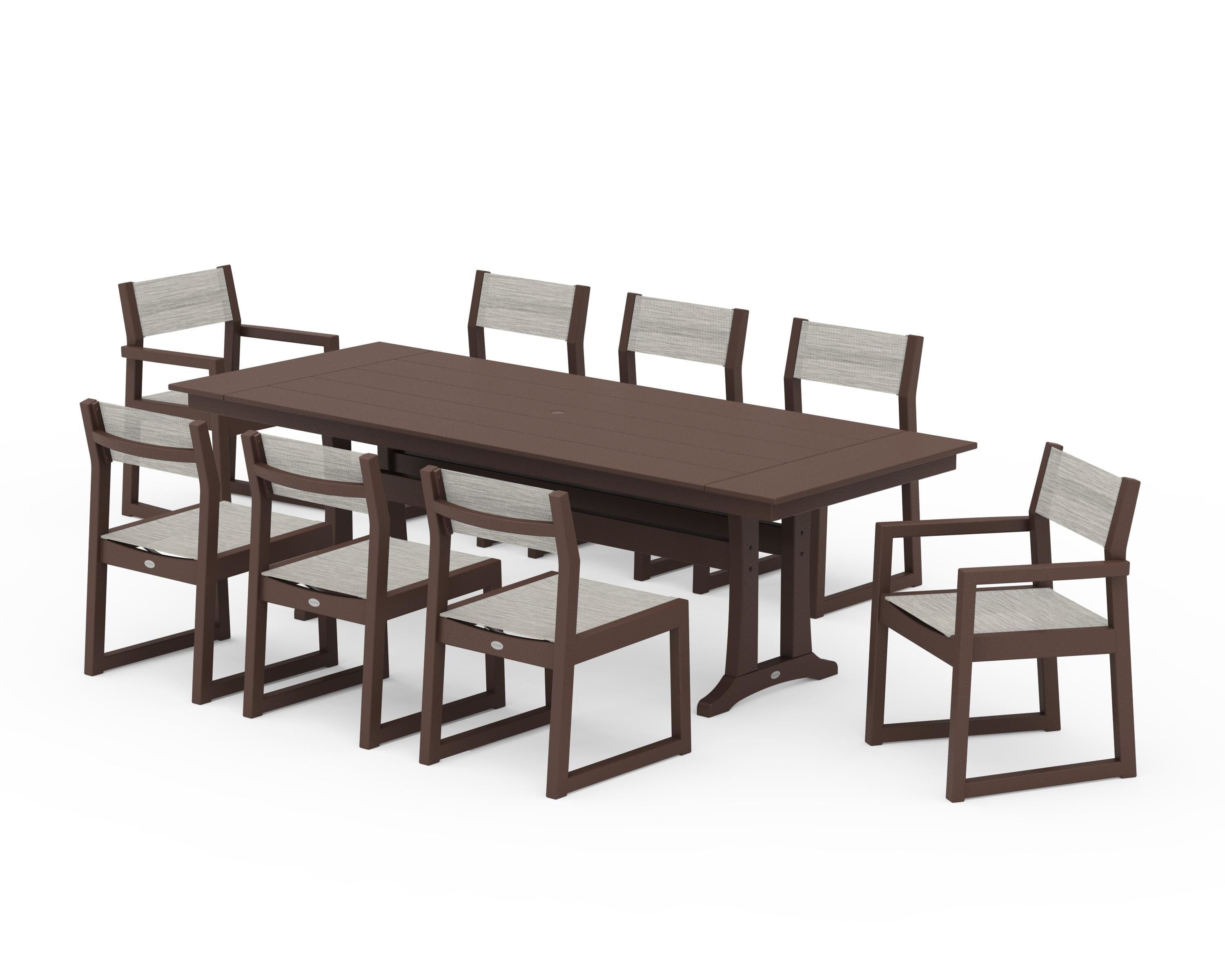POLYWOOD® EDGE Sling 9-Piece Farmhouse Trestle Dining Set in Mahogany / Birch Sling