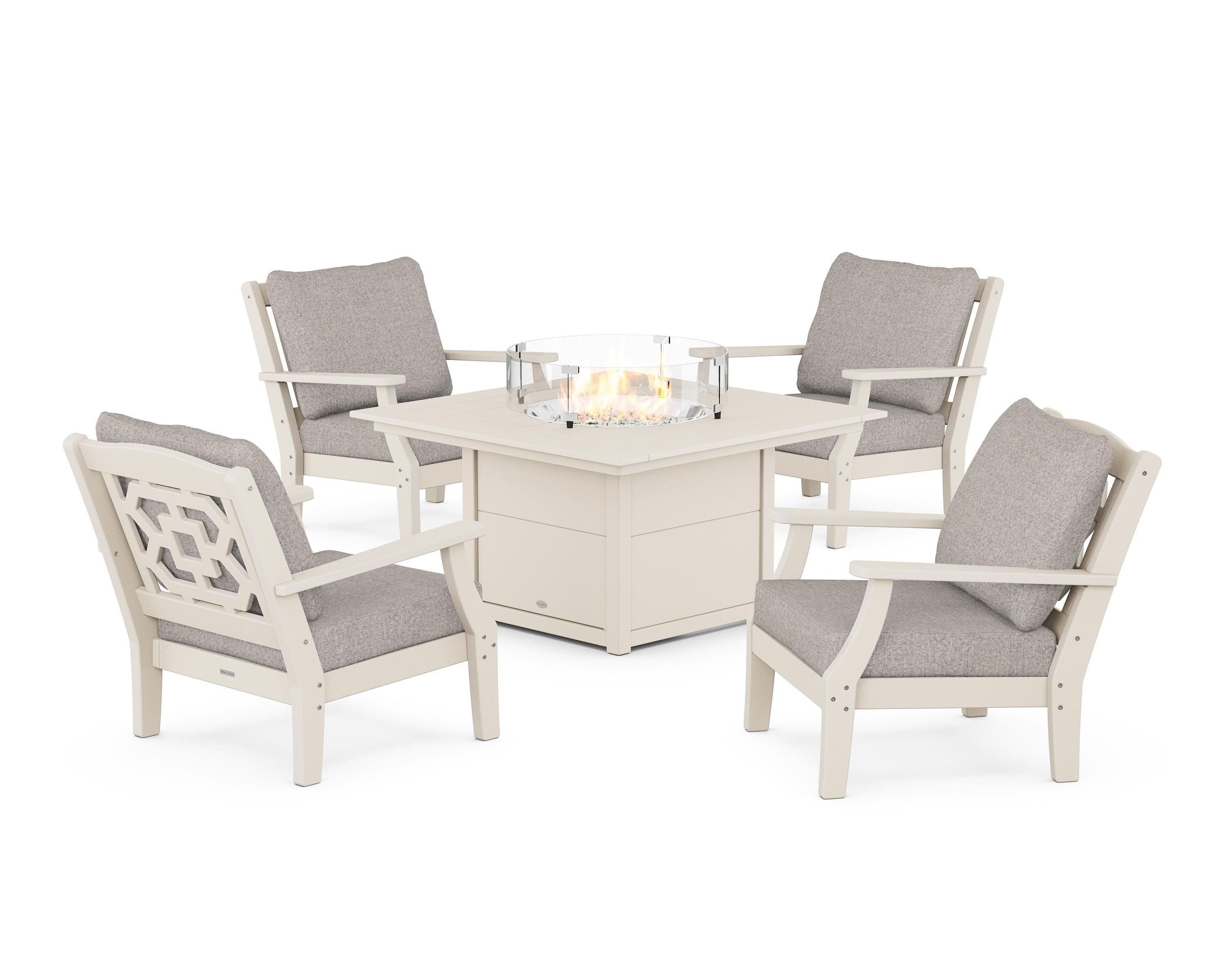 Martha Stewart by POLYWOOD® Chinoiserie 5-Piece Deep Seating Set with Fire Pit Table in Sand / Weathered Tweed