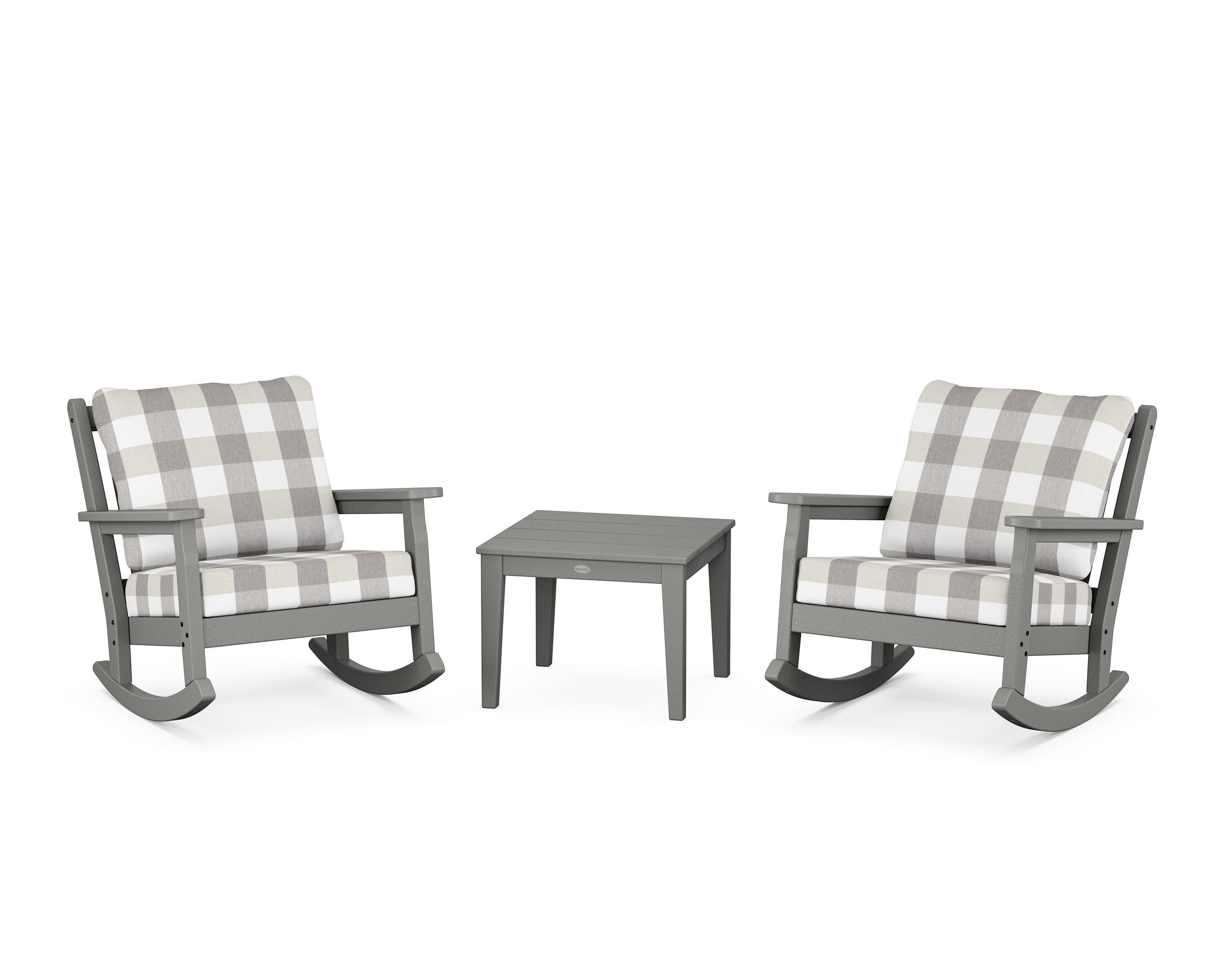 POLYWOOD® Chippendale 3-Piece Deep Seating Rocker Set in Slate Grey / Buffalo Plaid Grey Mist