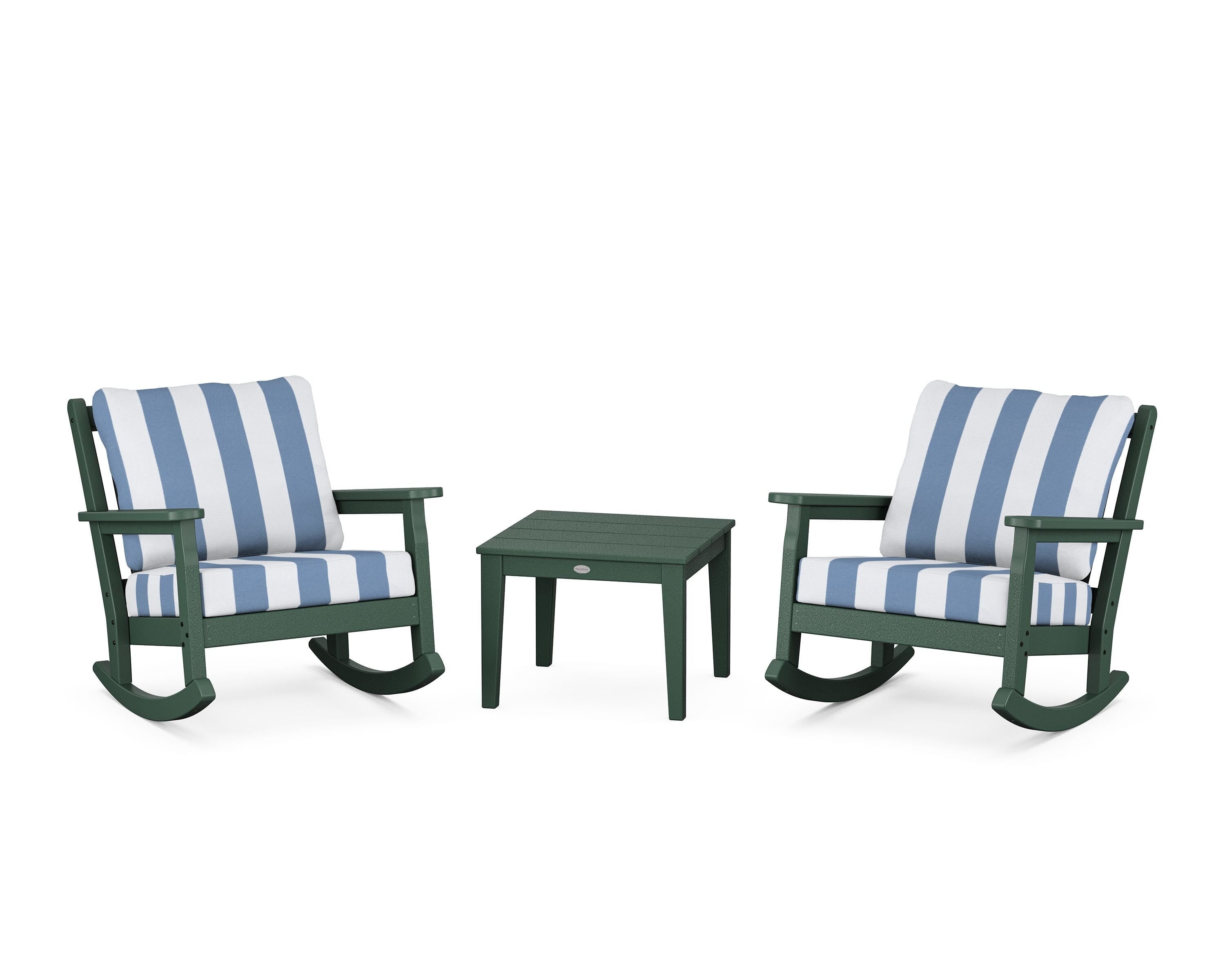 POLYWOOD® Chippendale 3-Piece Deep Seating Rocker Set in Green / Cabana Stripe Sky Blue