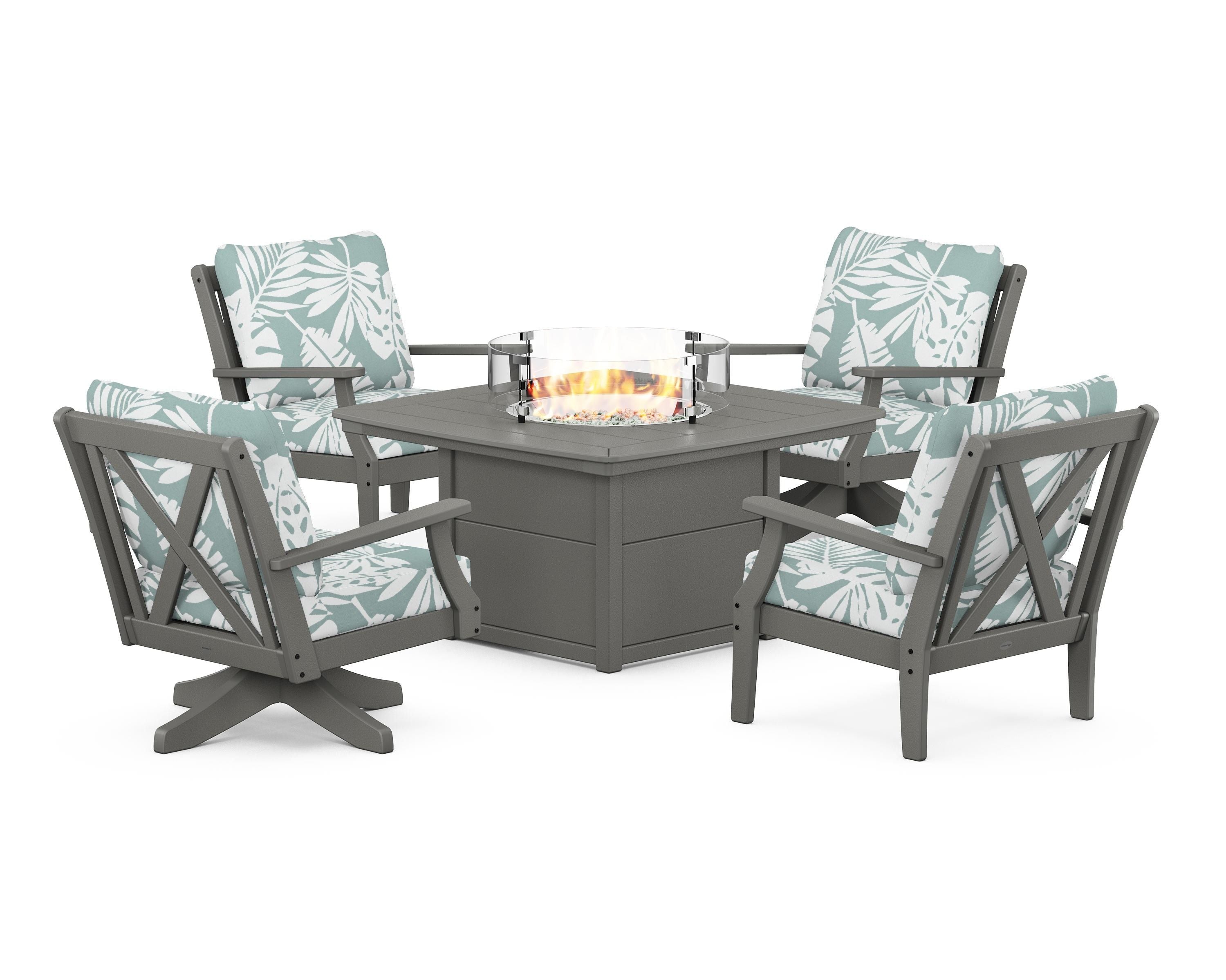 POLYWOOD® Braxton 5-Piece Deep Seating Set with Fire Table in Slate Grey / Leaf Glacier Spa