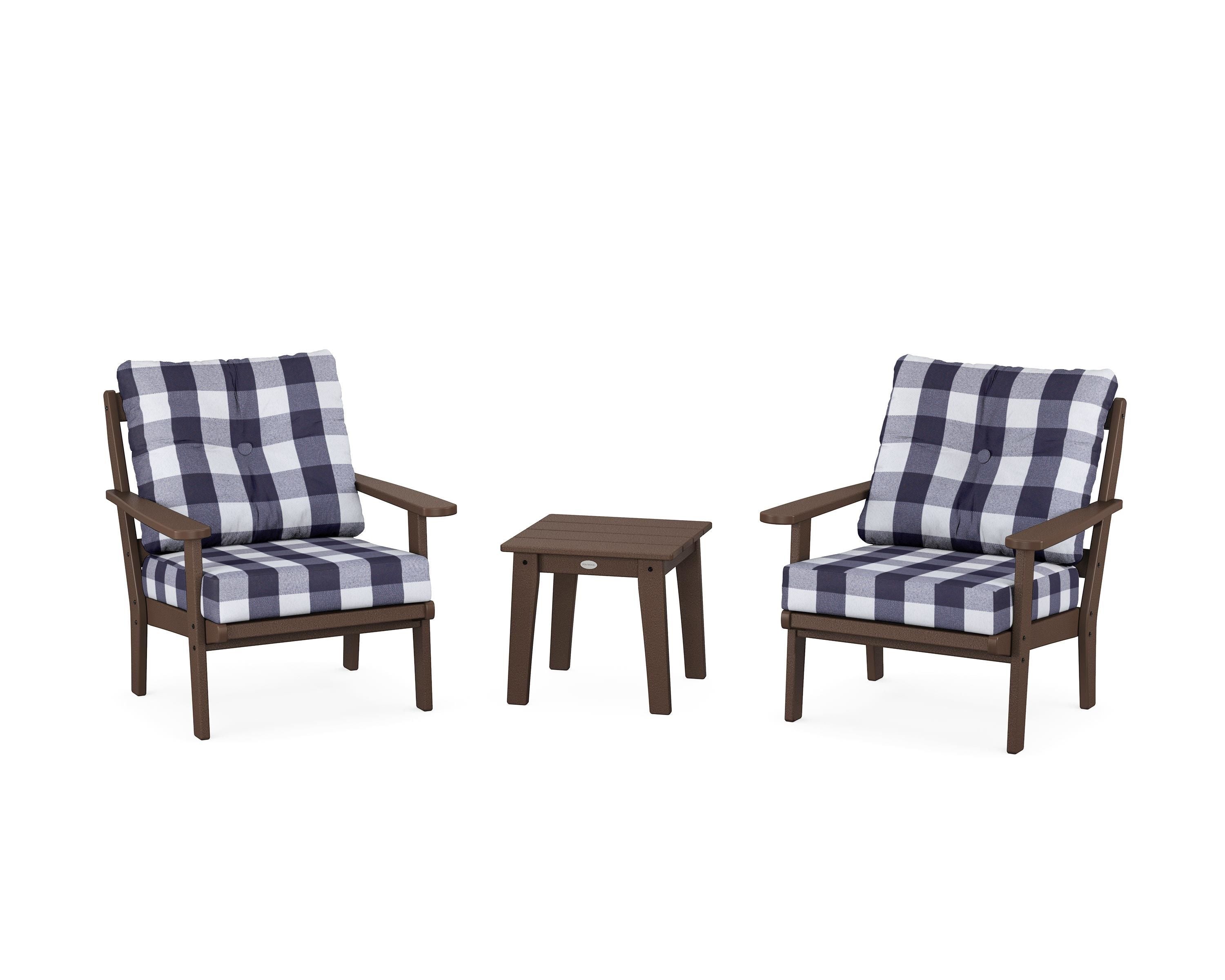 POLYWOOD® Mission 3-Piece Deep Seating Set in Mahogany / Buffalo Plaid Navy