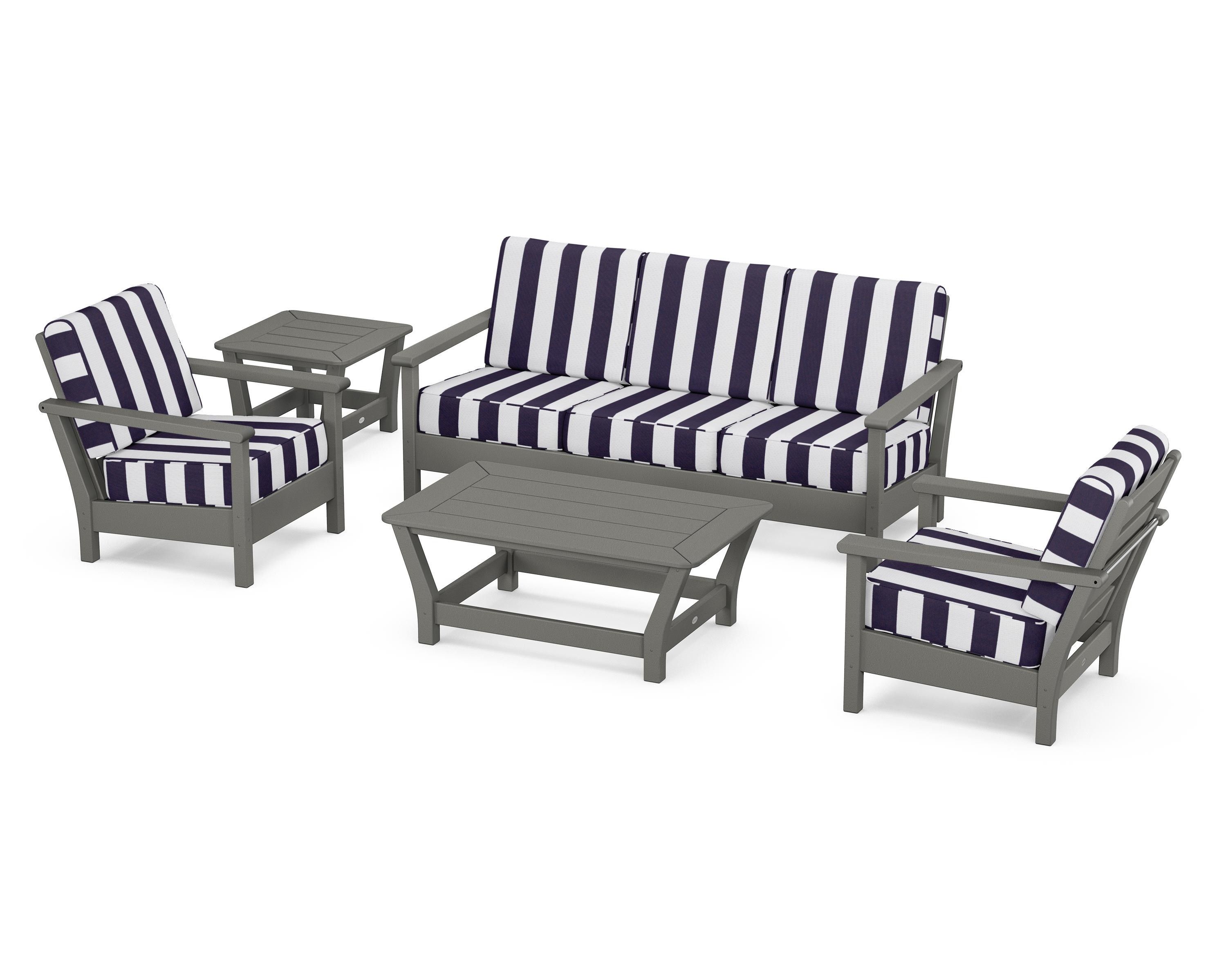POLYWOOD® Harbour 5-Piece Deep Seating Set in Slate Grey / Cabana Stripe Navy