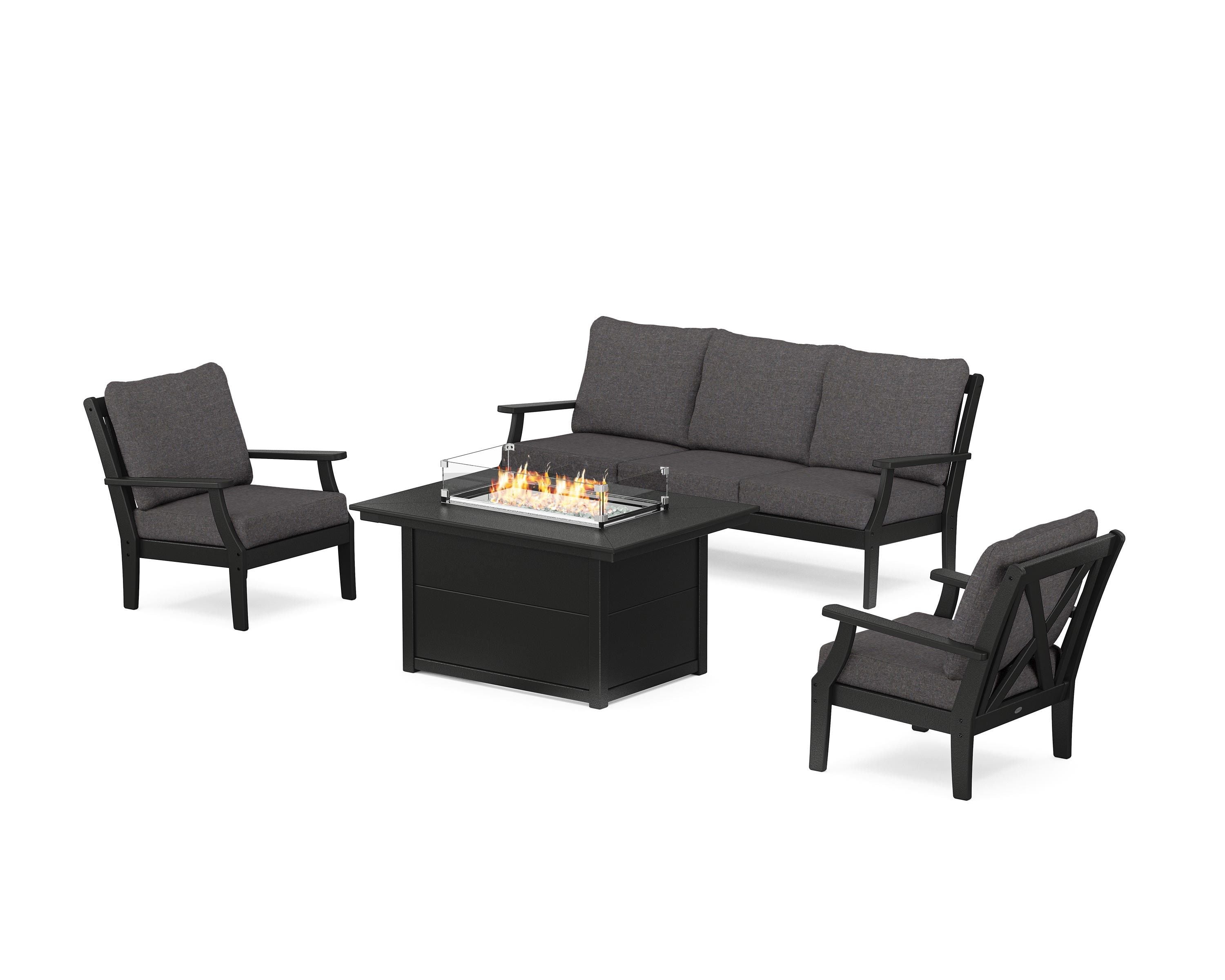 POLYWOOD® Braxton Deep Seating Fire Pit Table Set in Black / Ash Charcoal