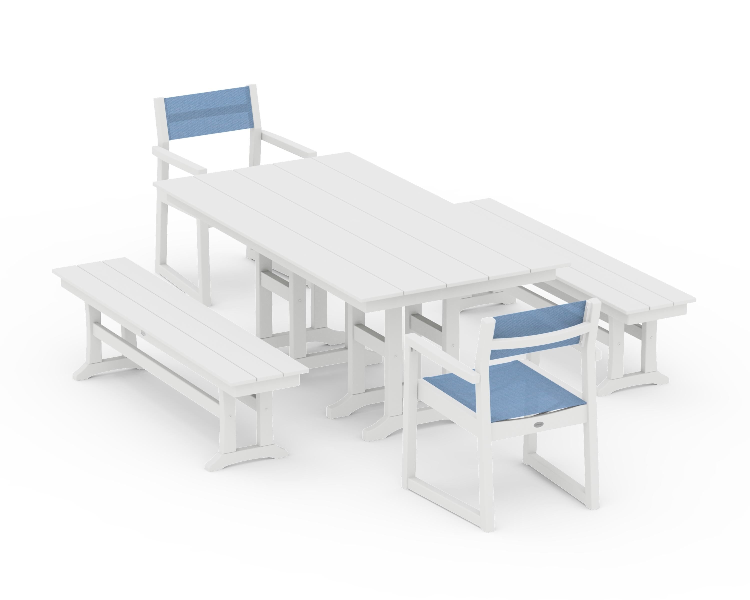 POLYWOOD® EDGE Sling Arm Chair 5-Piece Farmhouse Dining Set with Benches in White / Poolside Sling