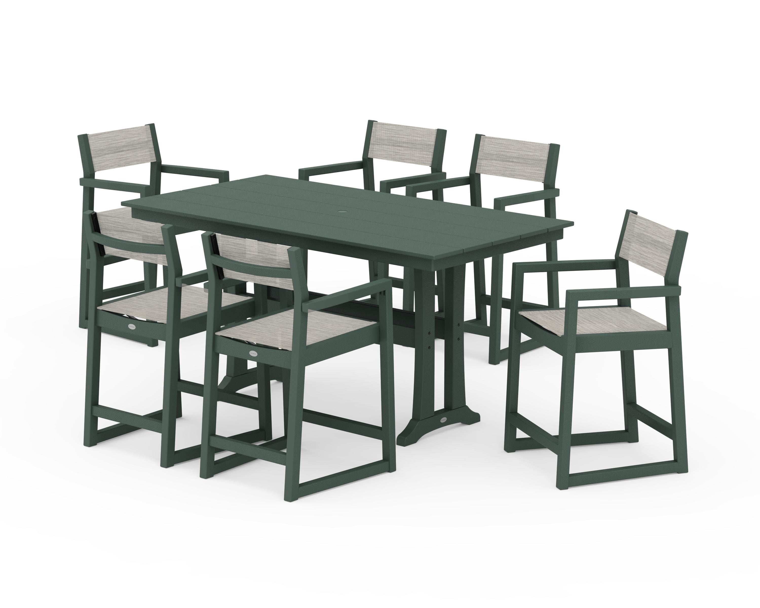 POLYWOOD® EDGE Sling Arm Chair 7-Piece Farmhouse Counter Set with Trestle Legs in Green / Birch Sling
