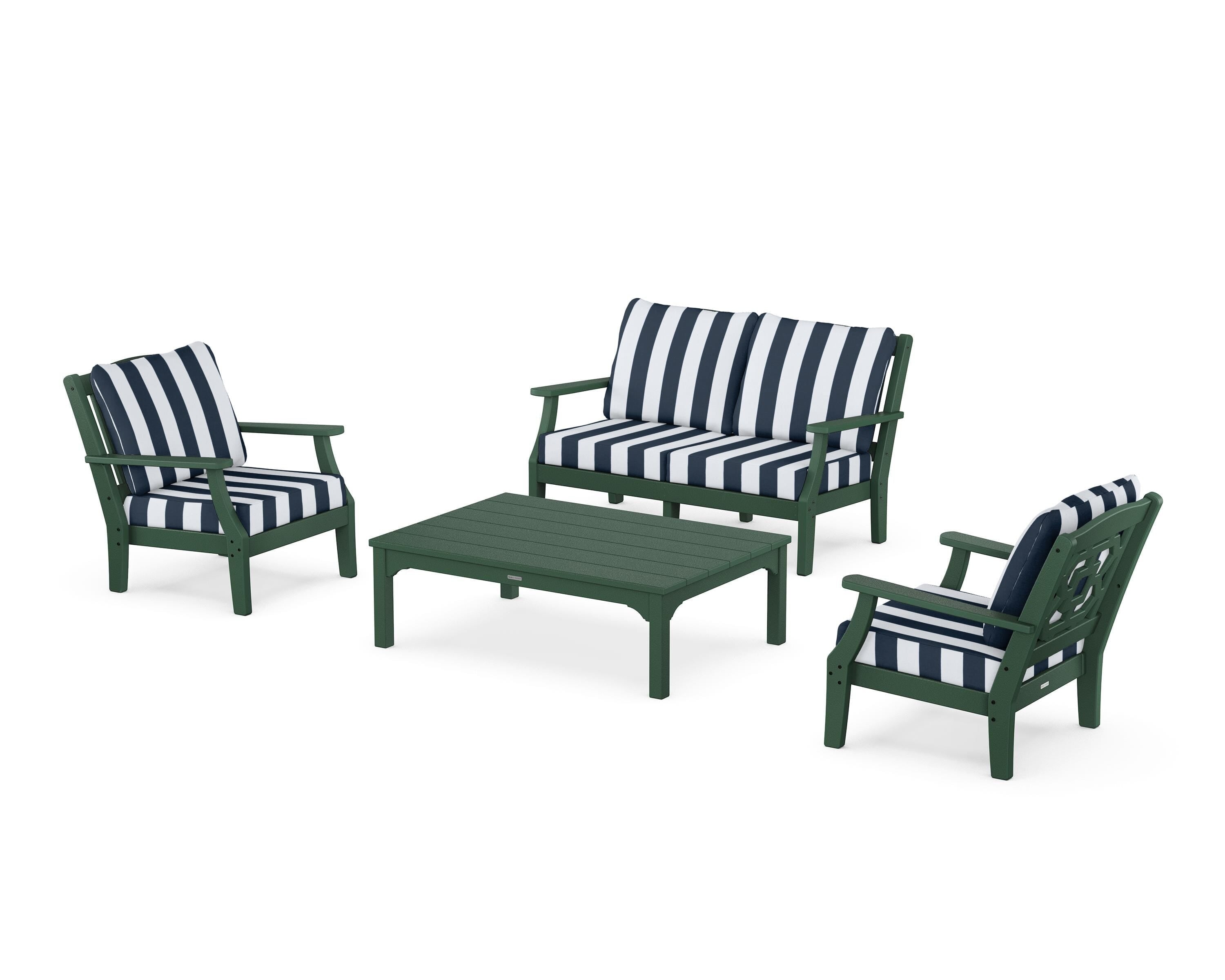 Martha Stewart by POLYWOOD® Chinoiserie 4-Piece Deep Seating Set with Loveseat in Green / Cabana Stripe Marine Indigo