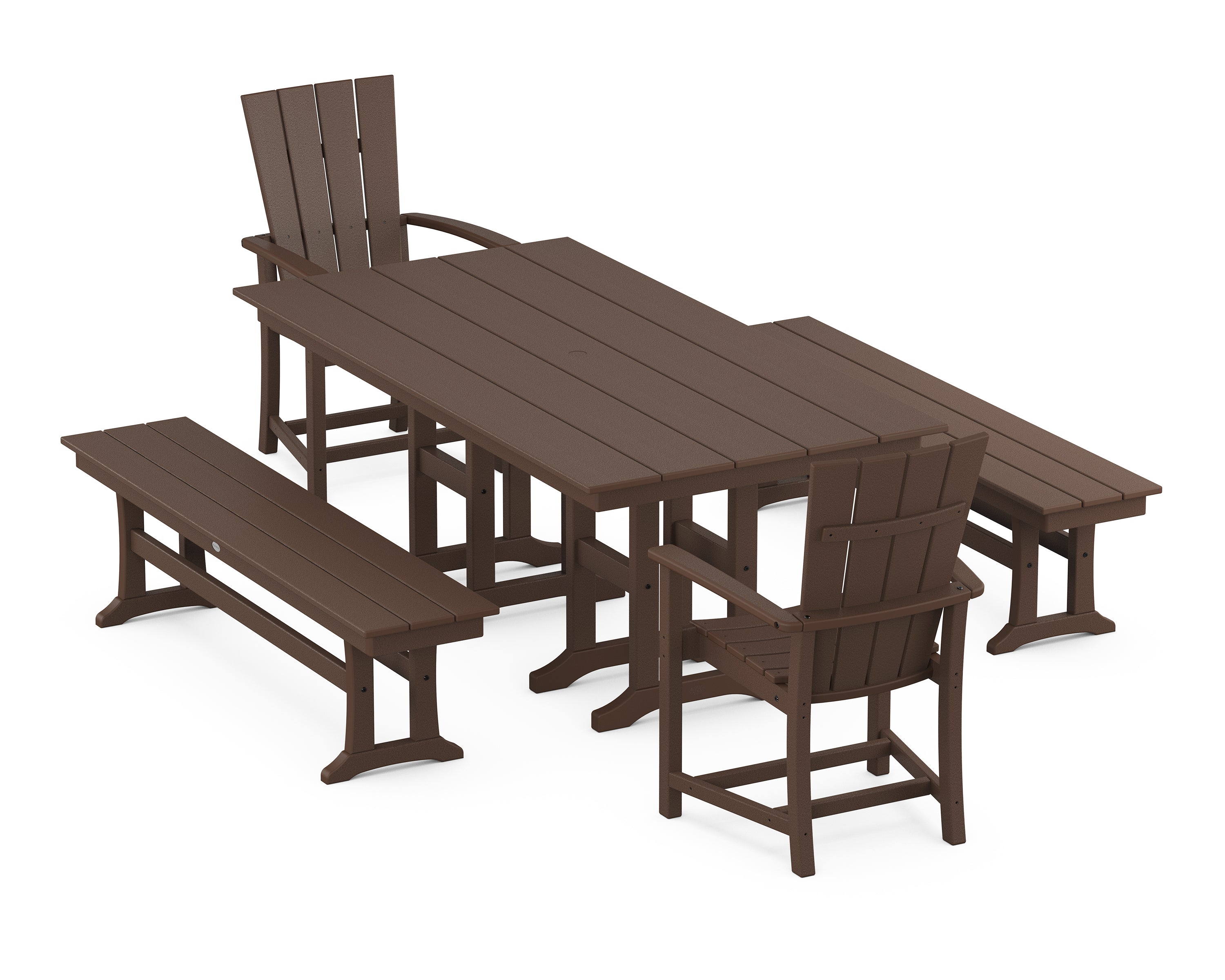 POLYWOOD® Quattro 5-Piece Farmhouse Dining Set with Benches in Mahogany