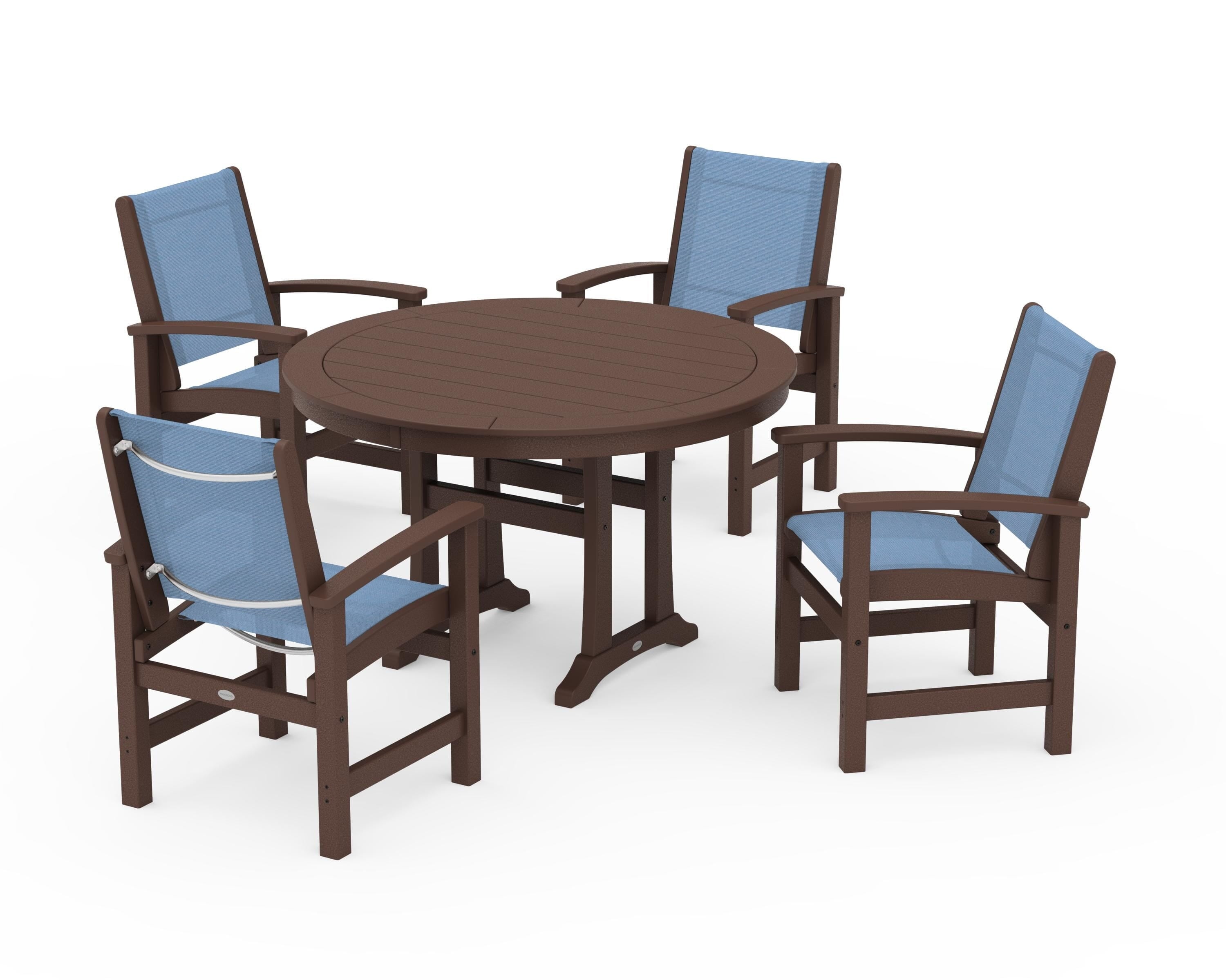 POLYWOOD® Coastal 5-Piece Round Dining Set with Trestle Legs in Mahogany / Poolside Sling