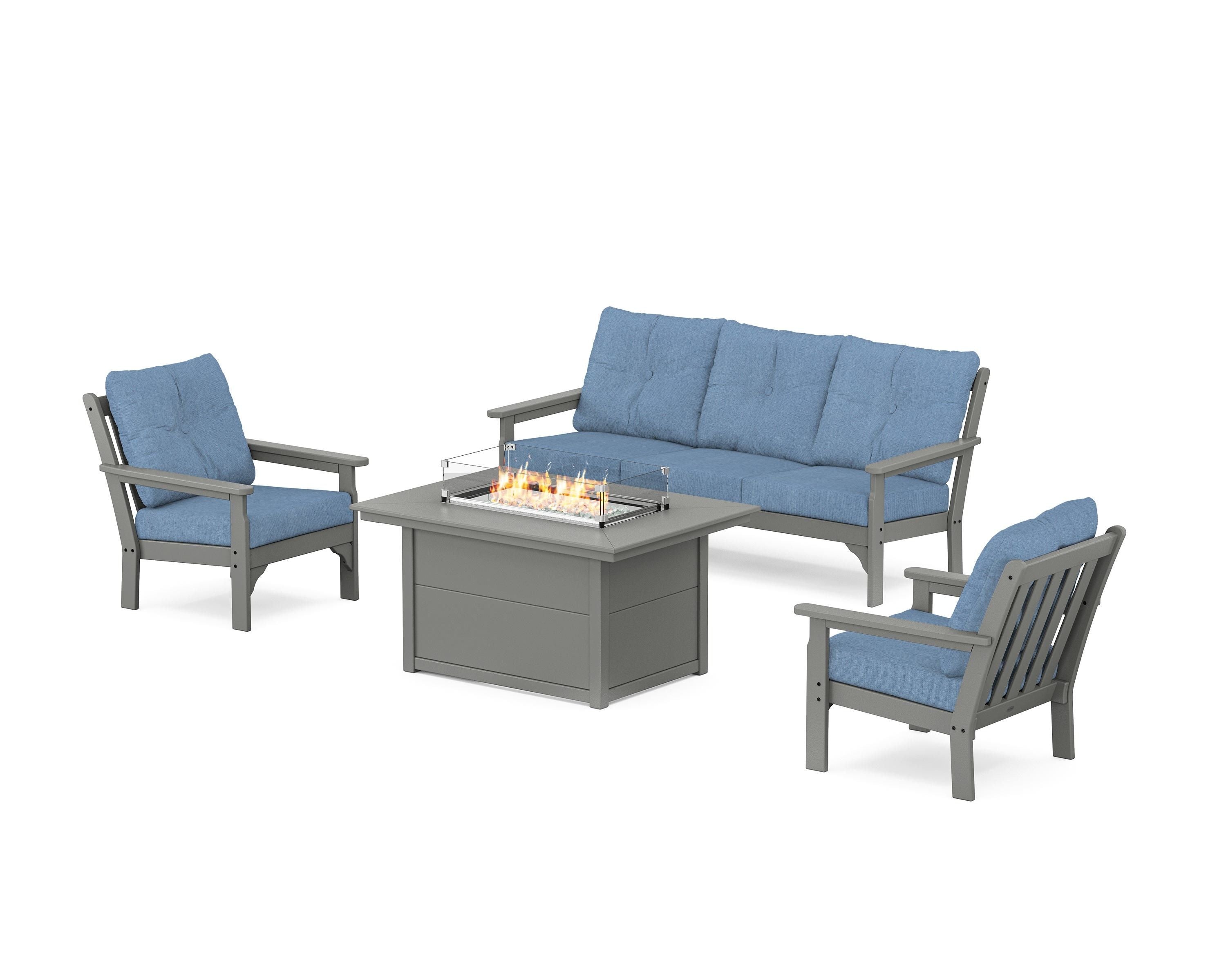 POLYWOOD® Vineyard Deep Seating Fire Pit Table Set in Slate Grey / Sky Blue