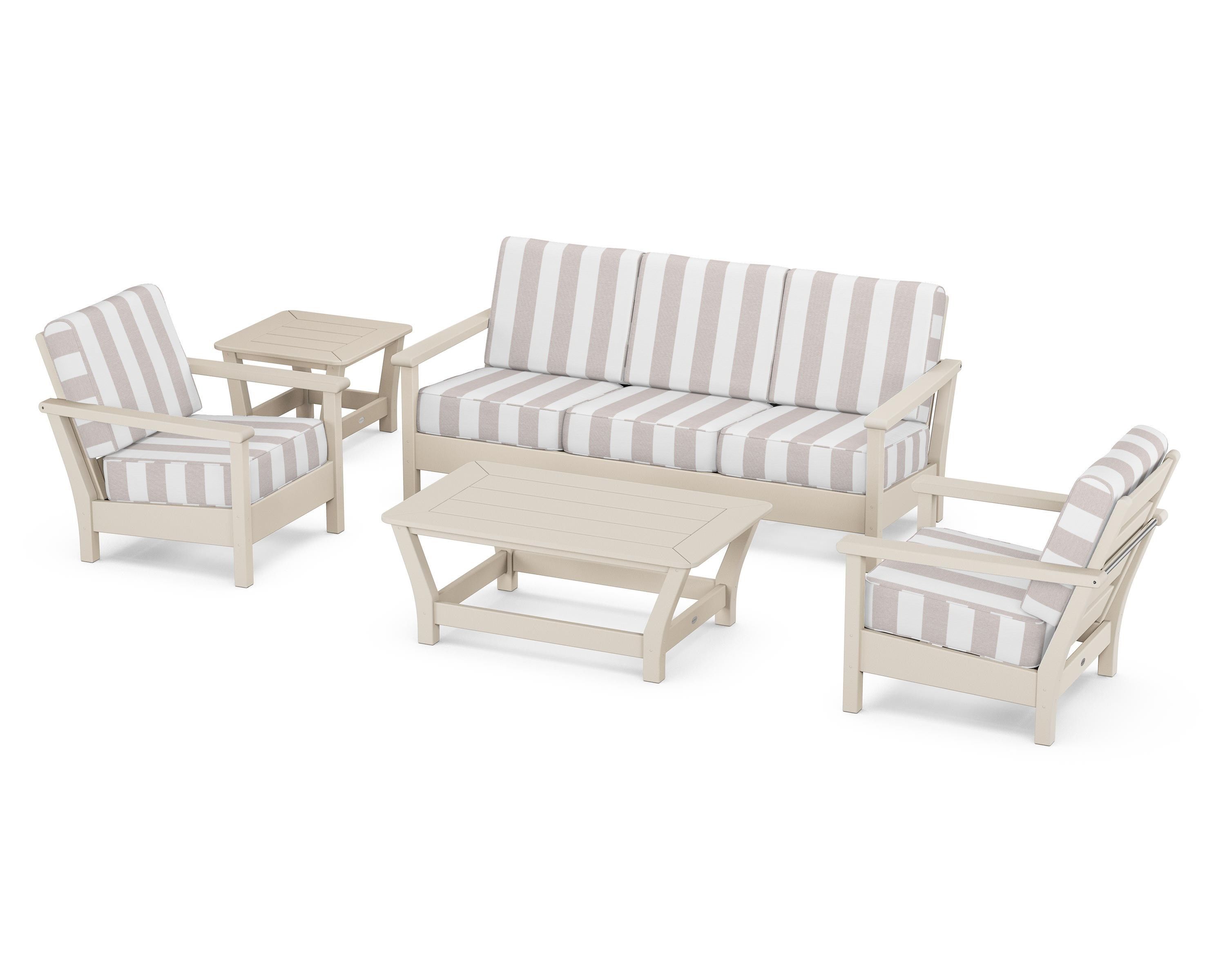POLYWOOD® Harbour 5-Piece Deep Seating Set in Sand / Cabana Stripe Dune Burlap