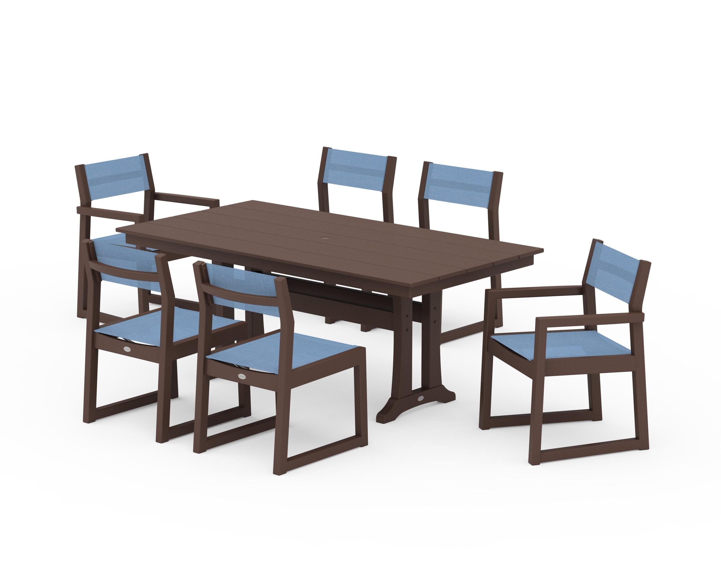 POLYWOOD® EDGE Sling 7-Piece Farmhouse Trestle Dining Set in Mahogany / Poolside Sling