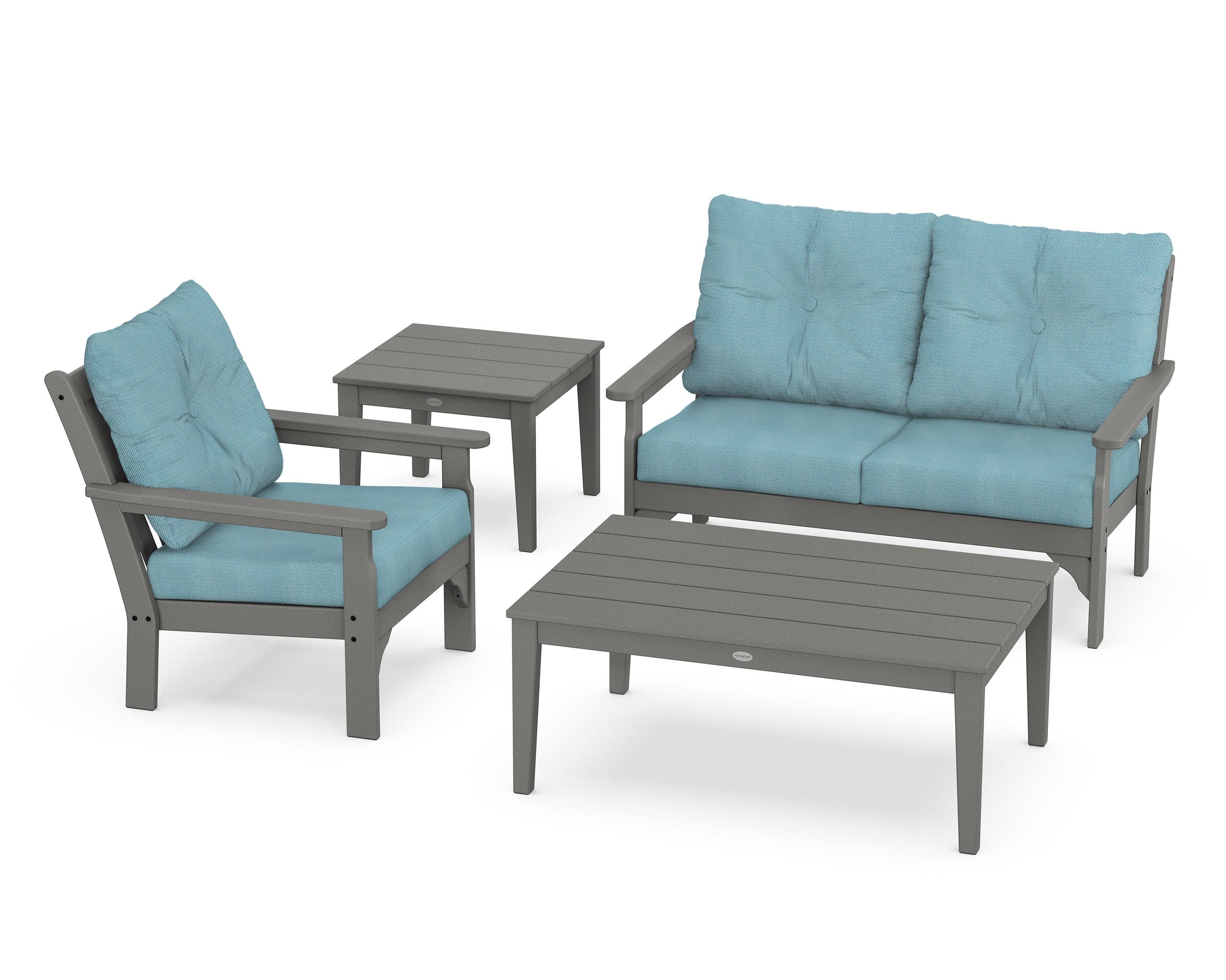 POLYWOOD® Vineyard 4-Piece Deep Seating Set in Slate Grey / Lattice Sky Blue