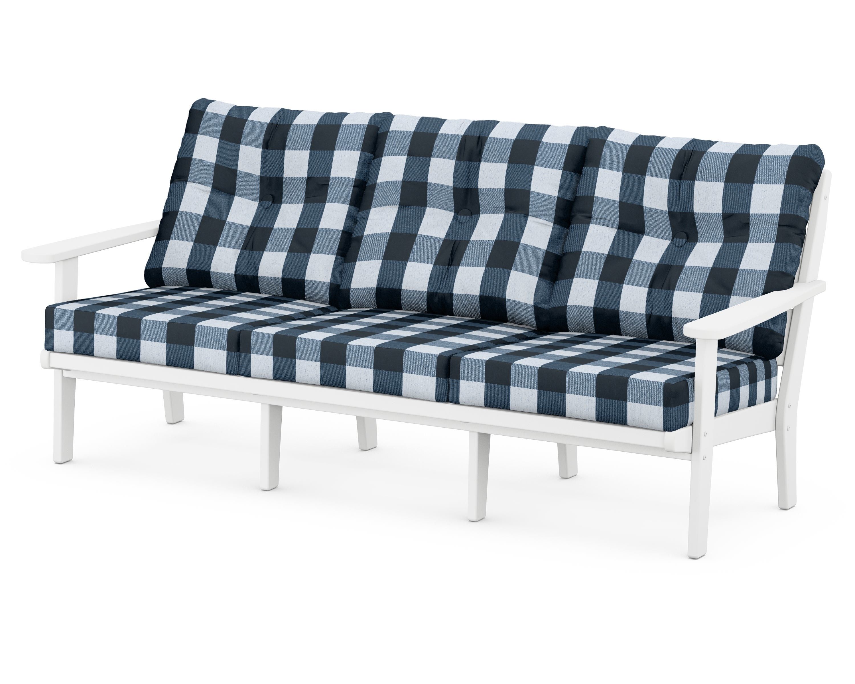 POLYWOOD® Lakeside Deep Seating Sofa in White / Buffalo Plaid Marine Indigo