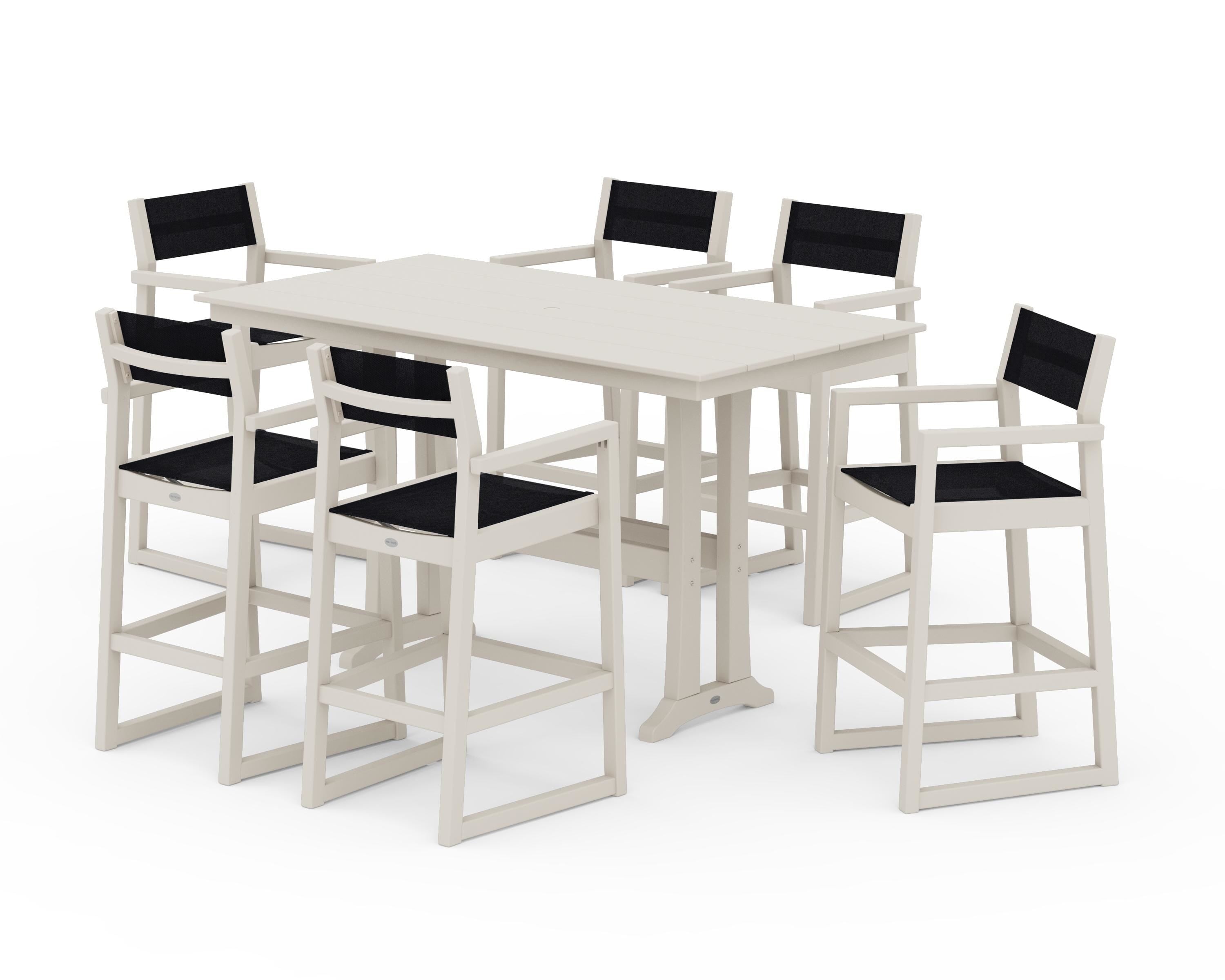 POLYWOOD® EDGE Sling Arm Chair 7-Piece Farmhouse Bar Set with Trestle Legs in Sand / Black Sling