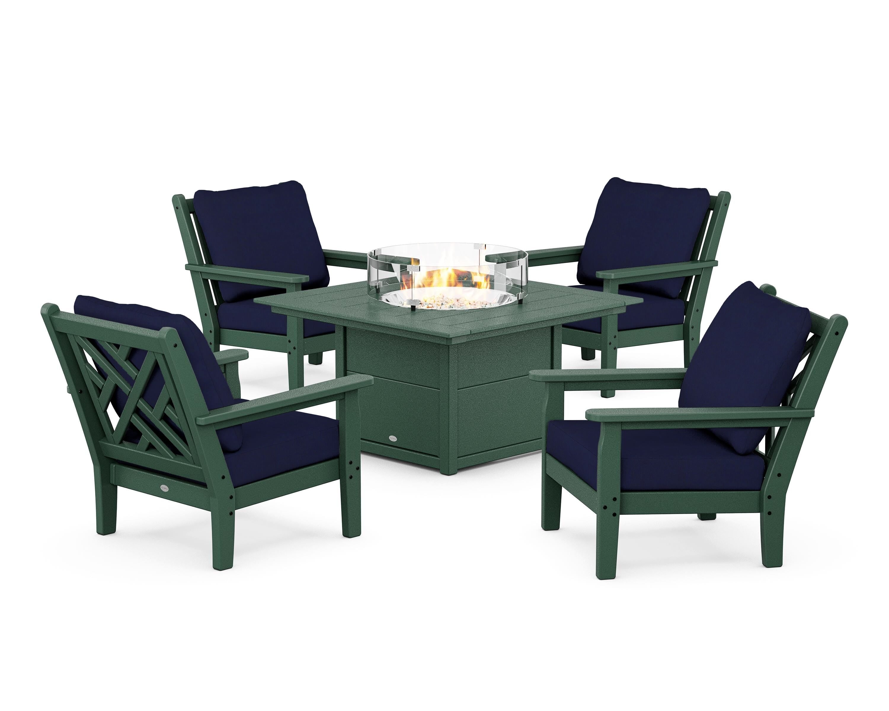 POLYWOOD® Chippendale 5-Piece Deep Seating Set with Fire Pit Table in Green / Navy