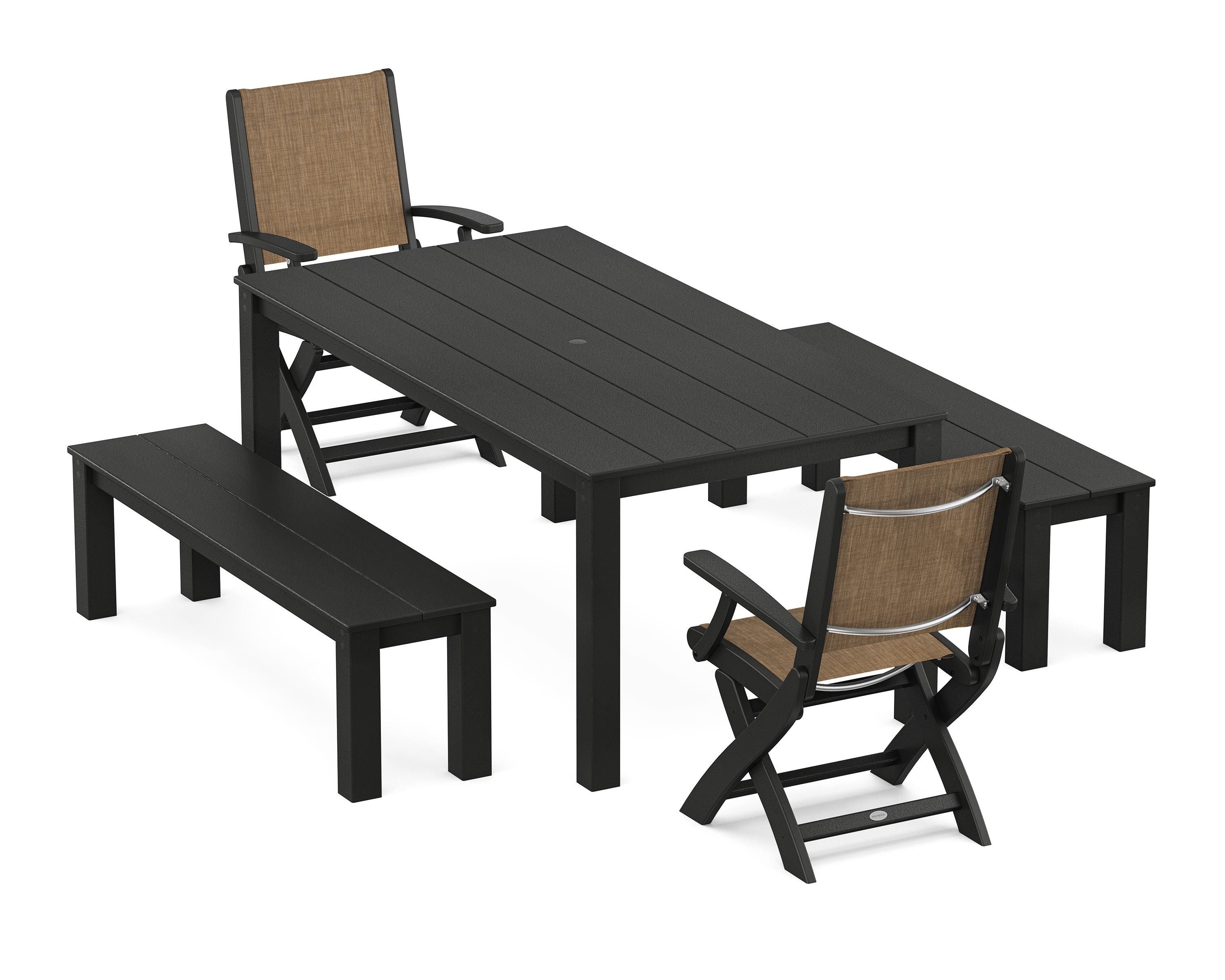 POLYWOOD® Coastal Folding Chair 5-Piece Parsons Dining Set with Benches in Black / Burlap Sling