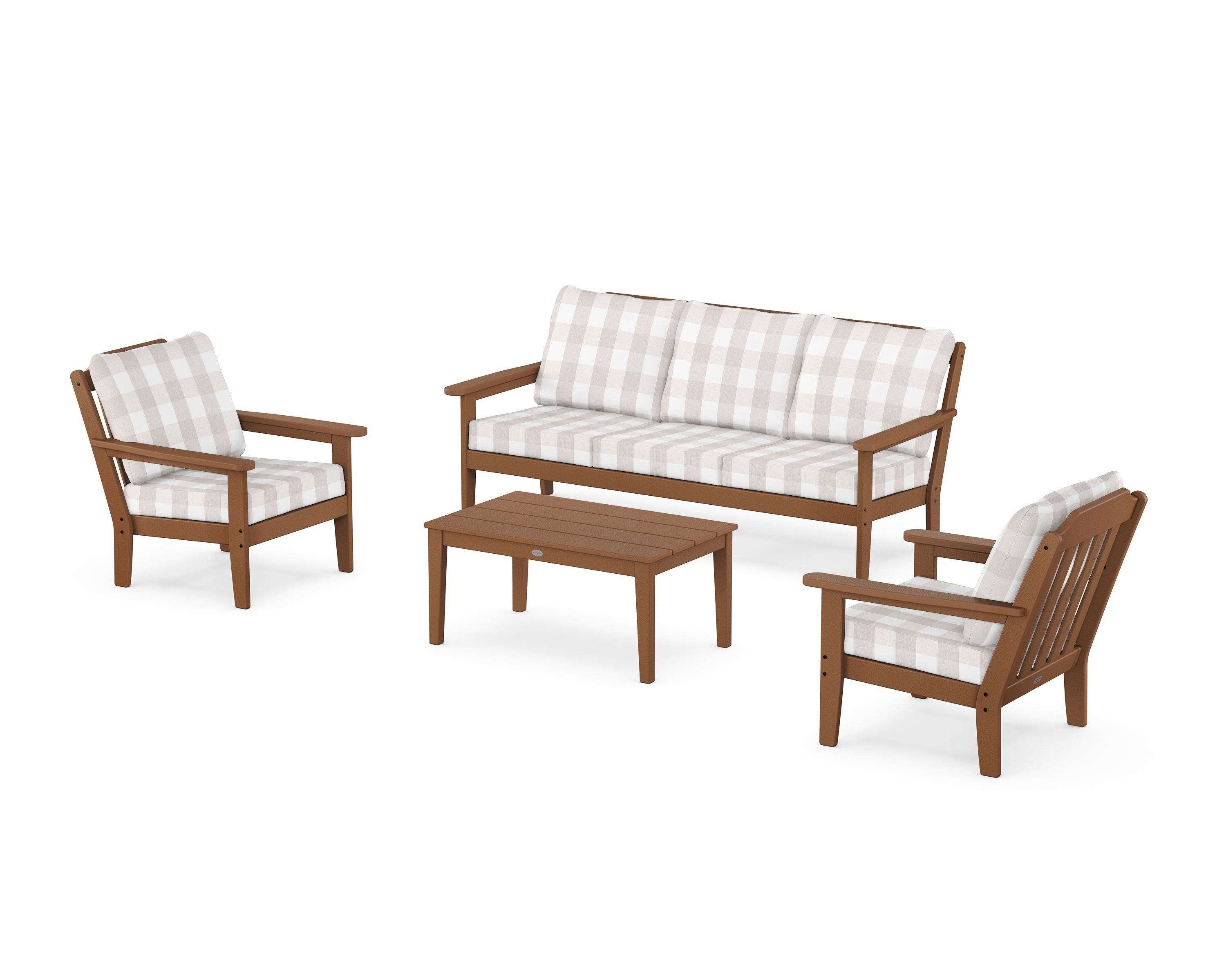 Country Living Cottage 4-Piece Deep Seating Set with Sofa in Teak / Buffalo Plaid Dune Burlap