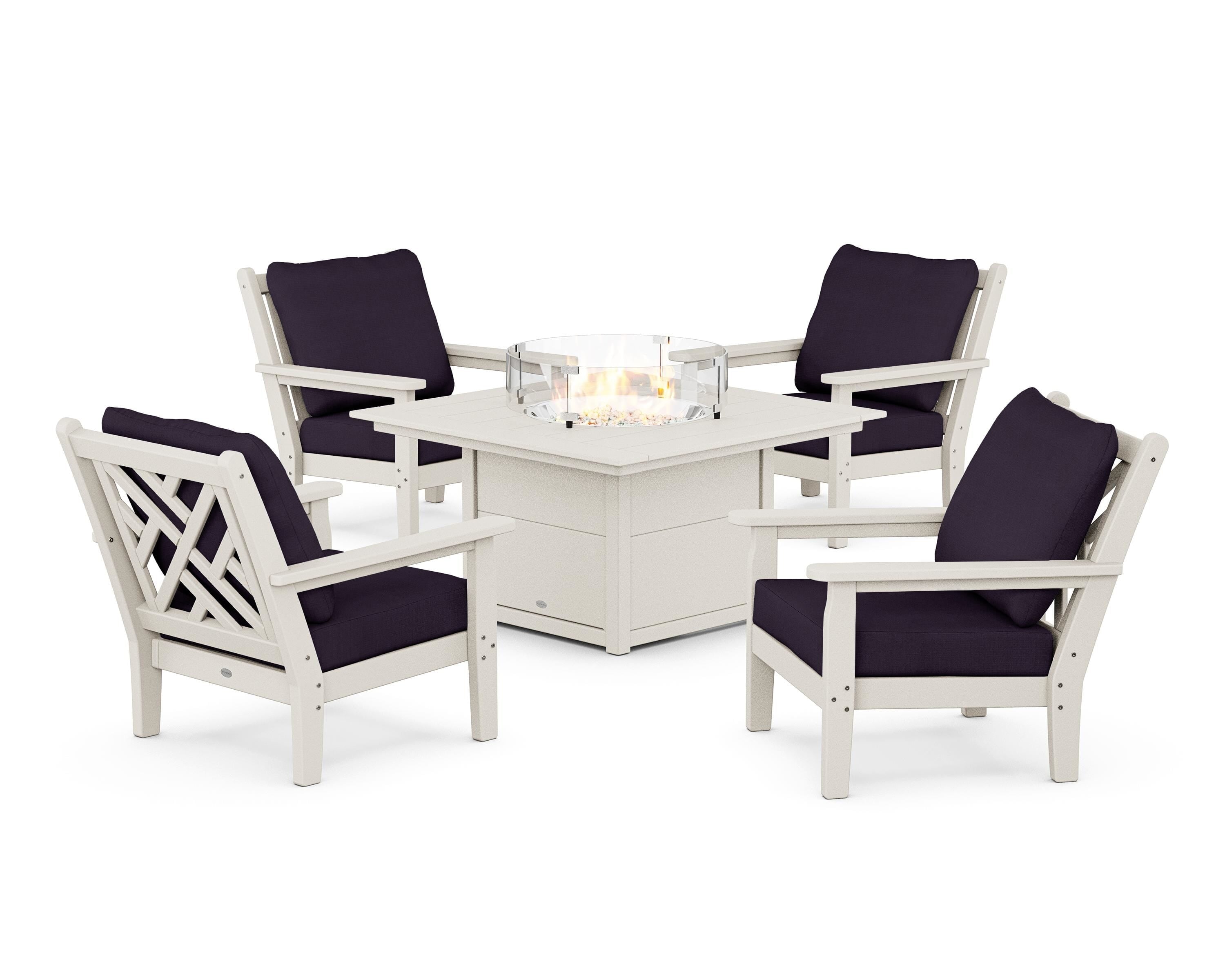 POLYWOOD® Chippendale 5-Piece Deep Seating Set with Fire Pit Table in Sand / Navy Linen